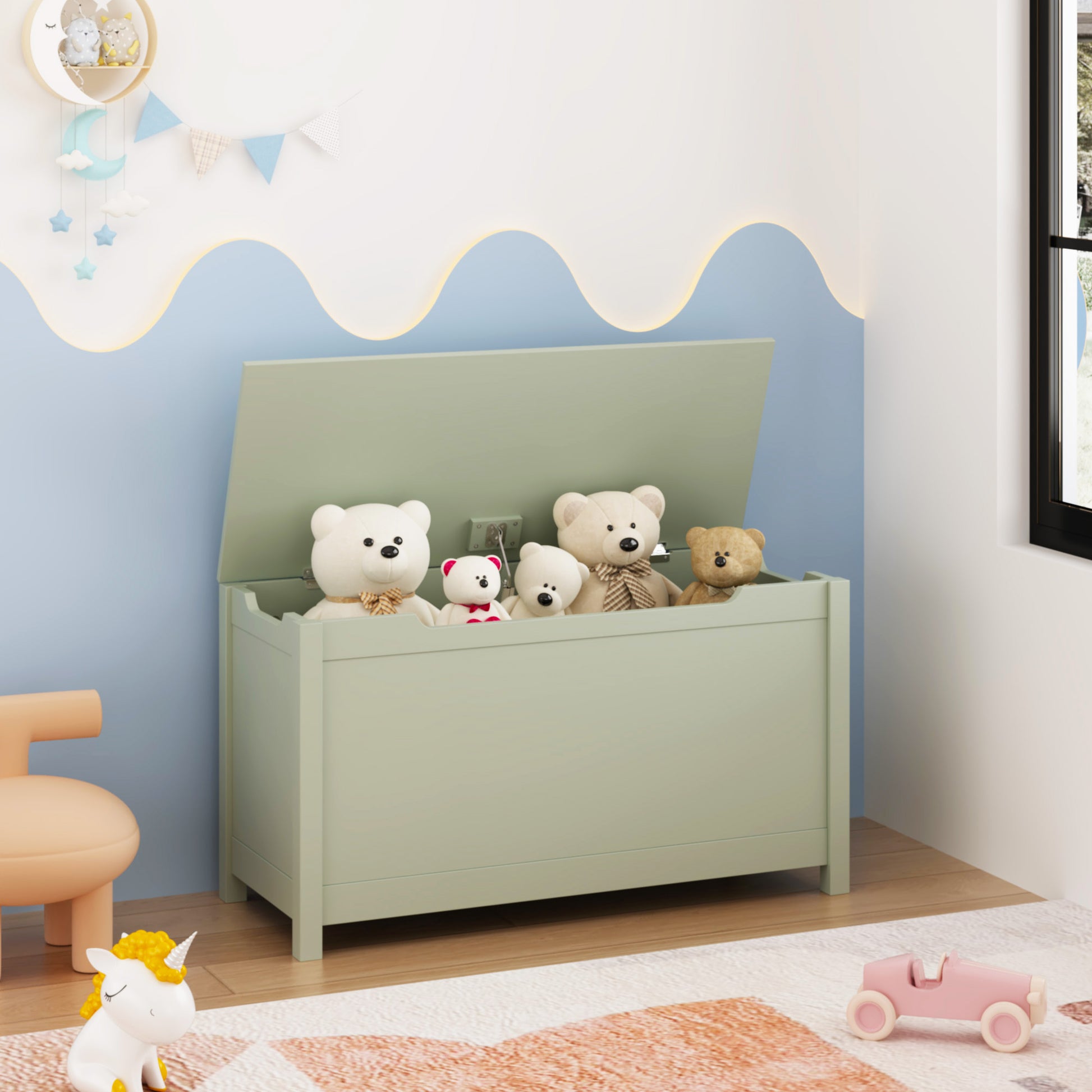 Kids Wooden Toy Box Storage with Safety Hinged Lid for Ages 2+ (Sage) image 11