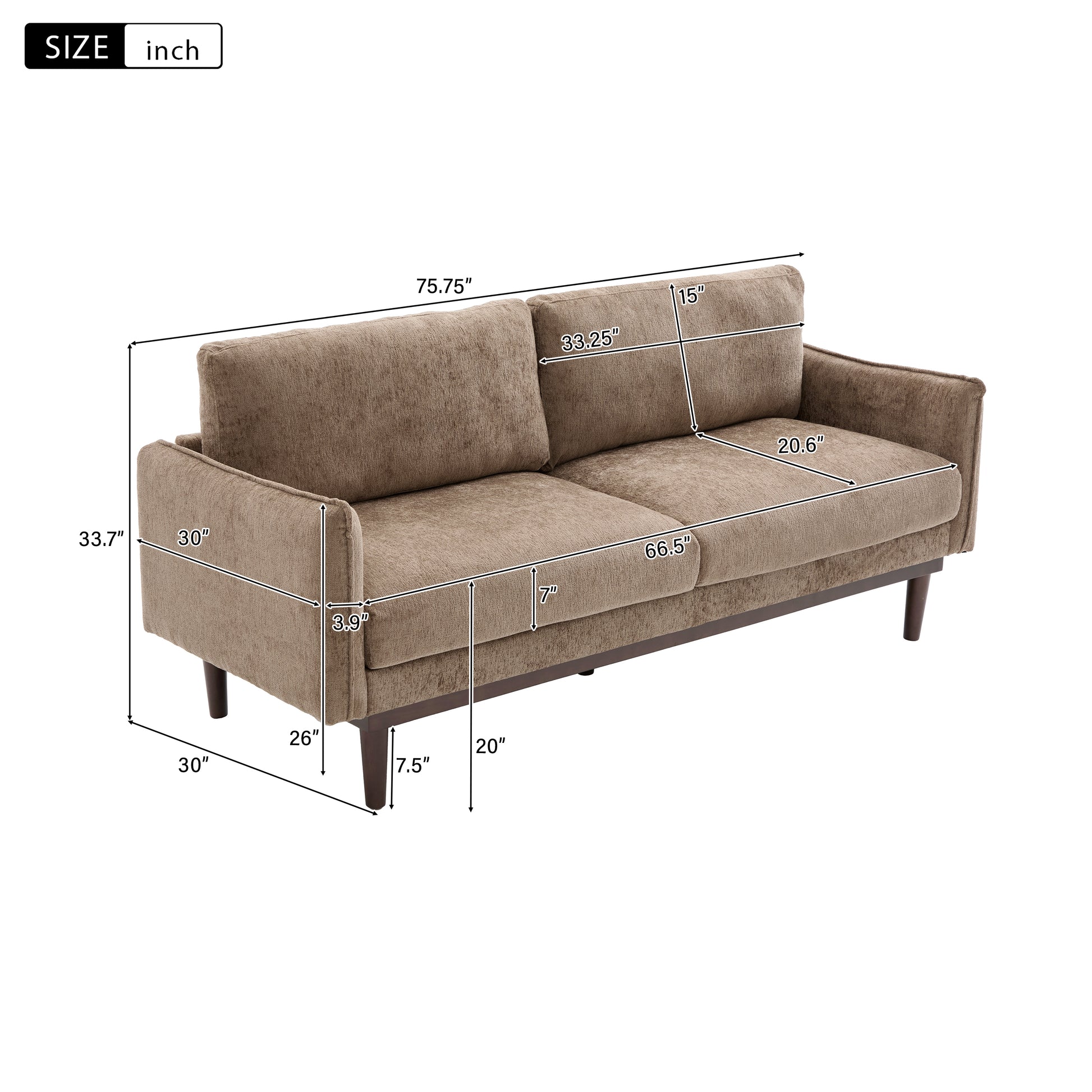 Modern Style Loveseat Sofa 75.75" Sofa Couch 2-seater Sofa with Spacious Seating Area for Living Room, Brown image 6