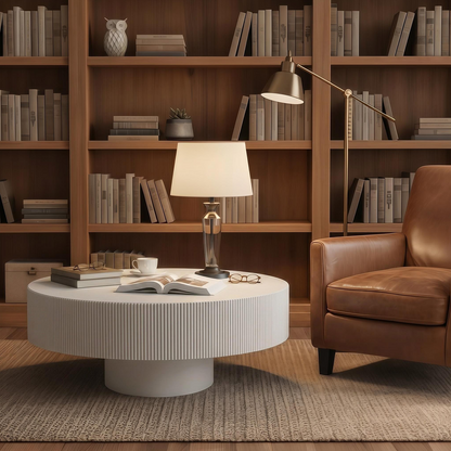 Round Coffee Table, Fluted Coffee Table with Sturdy Pedestal, Mid Century Modern Coffee Table for Living Room, Bedroom, Terrace, Office, Small Space (White Round Thick) image 4