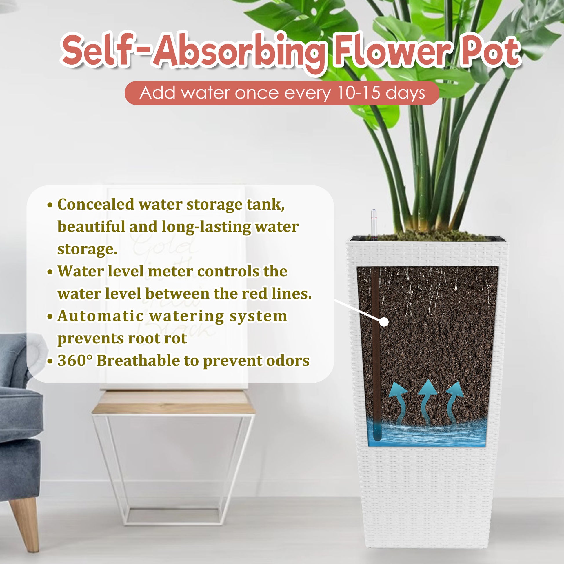 30 in Tall Large Flower Pots Planter with Self-Watering Drainage Holes&Inner Trays Indoor Outdoor Plant Pot with Drain Holes, Water Level Monitor, Inner Bucket for Garden, Patio, Porch, Backyard,White image 4