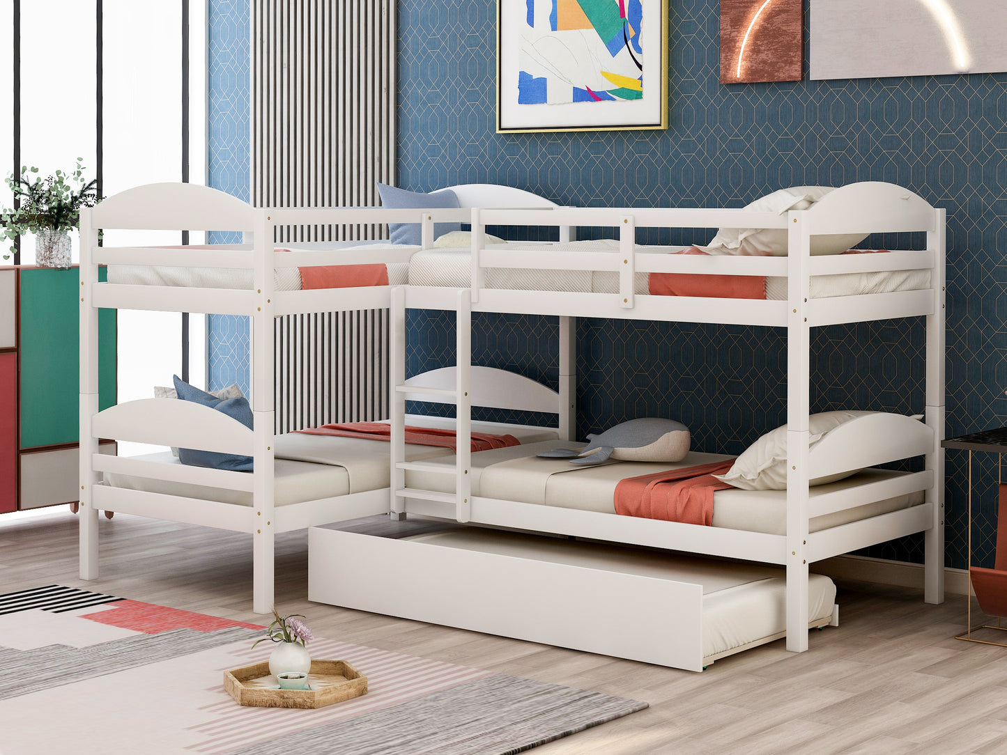 Twin L-Shaped Bunk bed with Trundle-White{OLD SKU:LT000024AAK} image 1