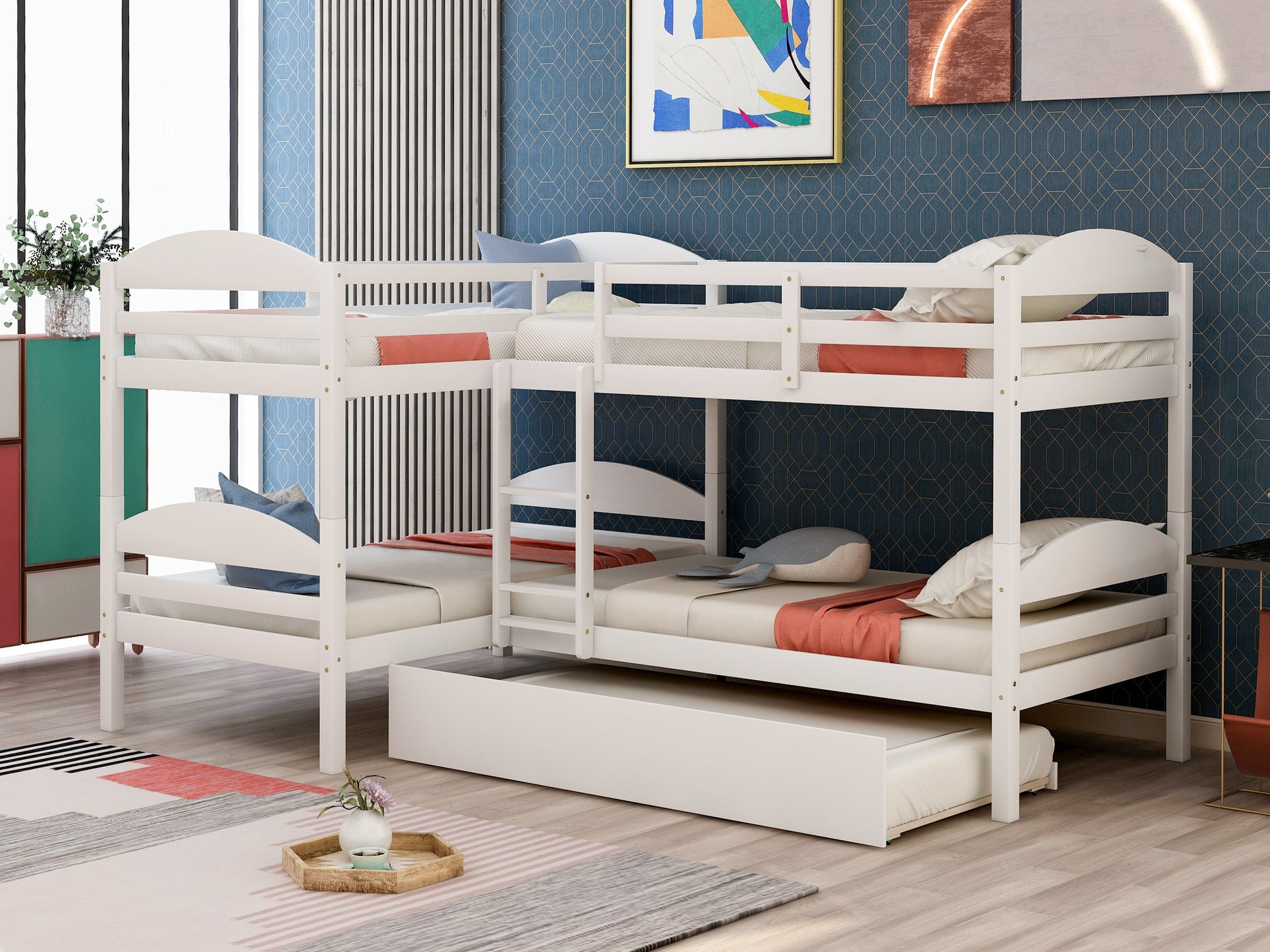 Twin L-Shaped Bunk bed with Trundle-White{OLD SKU:LT000024AAK} image 1