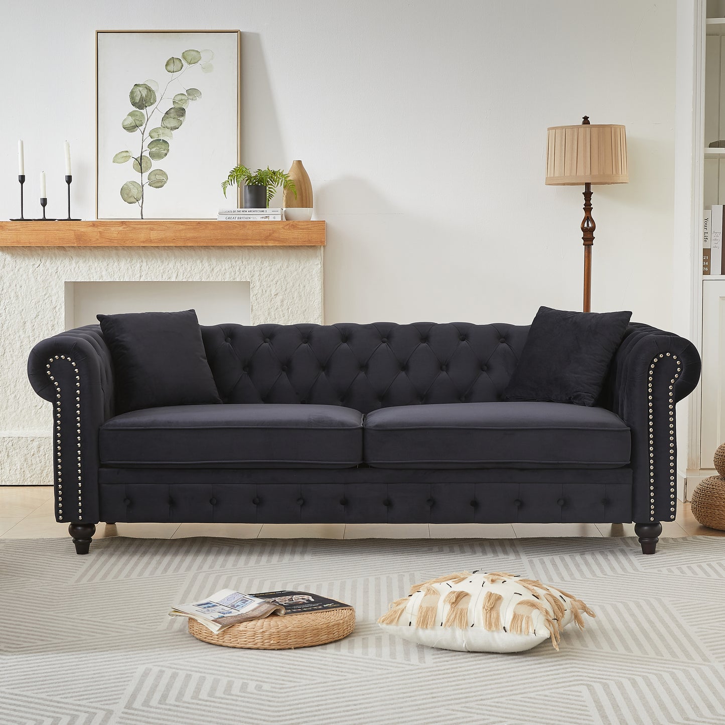 FX 85.5"Living Room with velvet Chesterfield Sofa with Rolled Arms 3 Seater Sofa with Button Design and 2 Cushions for Apartment, Office, Living Room W1926S00064 image 1