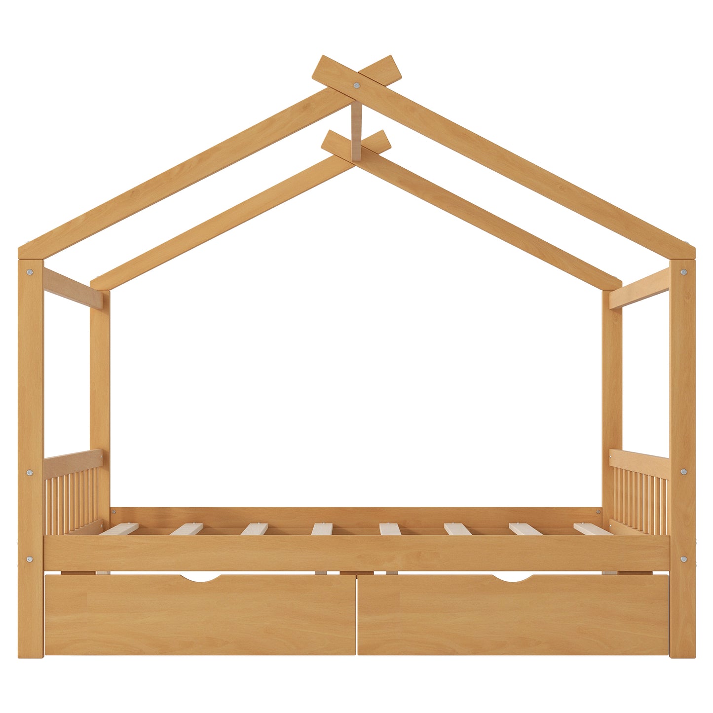 Full Size House Platform Bed with Two Drawers,Headboard and Footboard,Roof Design,Natural image 9