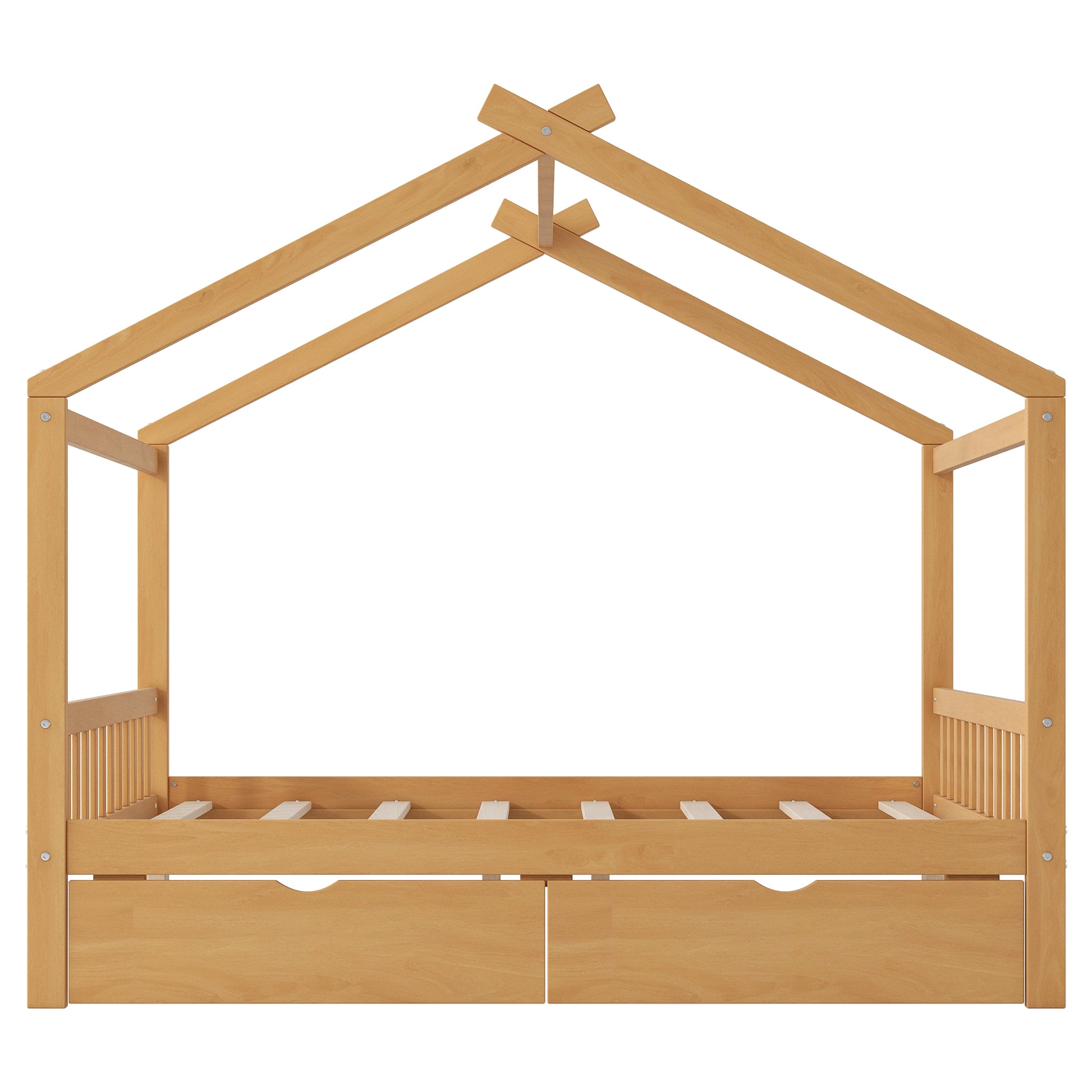 Full Size House Platform Bed with Two Drawers,Headboard and Footboard,Roof Design,Natural image 9
