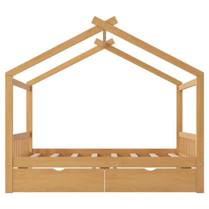 Full Size House Platform Bed with Two Drawers,Headboard and Footboard,Roof Design,Natural image 9