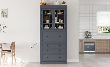 [Assembly Video Provided] TOPMAX 36x16.5x78inch Freestanding Kitchen Pantry Storage Cabinet,Multifunctional Cupboard with 3 Drawers,Adjustable Shelves and Power Outlet for Dining and Living Room,Grey image 2