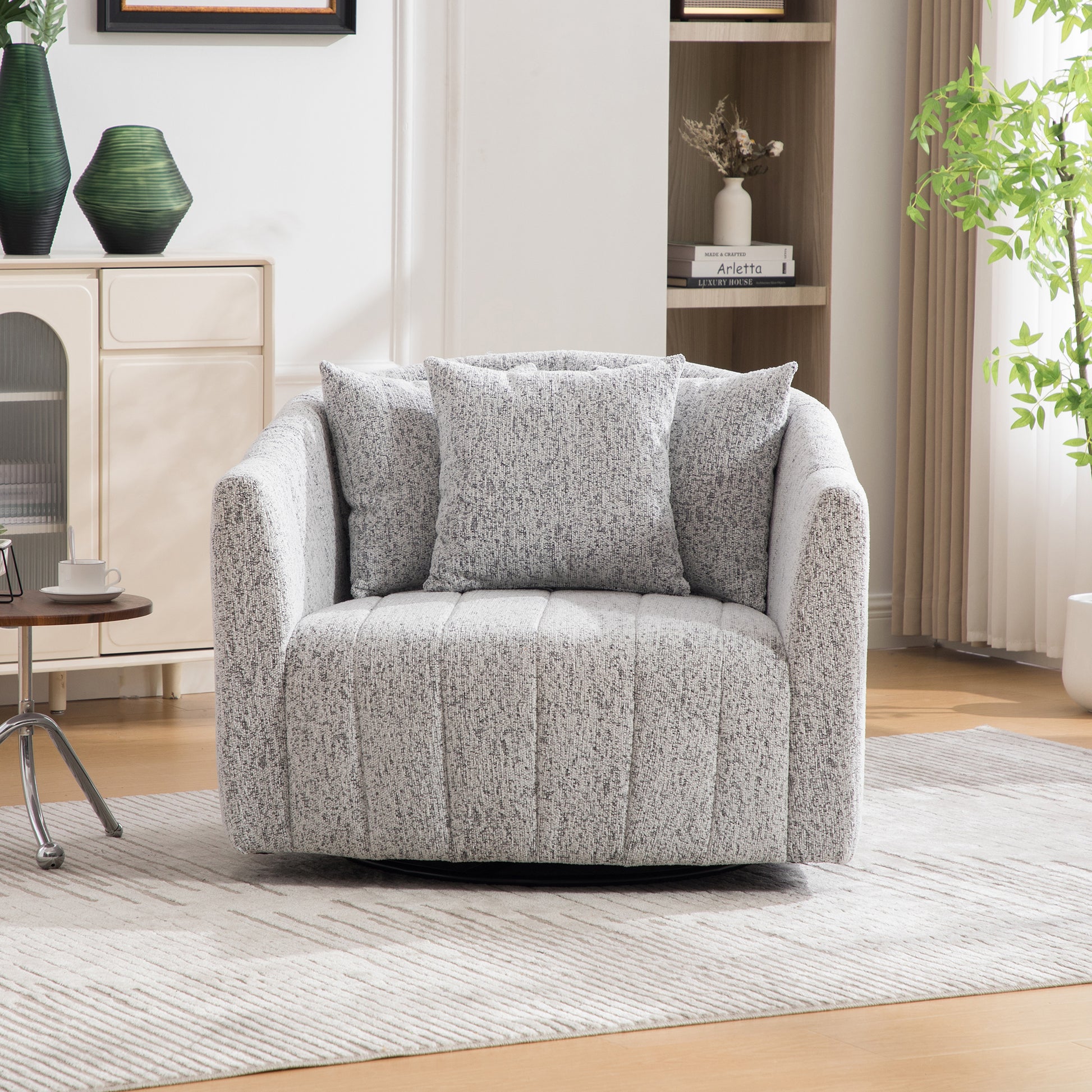 39"W Upholstered Oversized 360° Swivel Accent Barrel Chair and Half Cozy Sofa with 3 Pillows, Chenille Channel Tufted Pumpkin-Shape Club Armchair for Living Room, Bedroom, Office, Lounge,White-Black image 4
