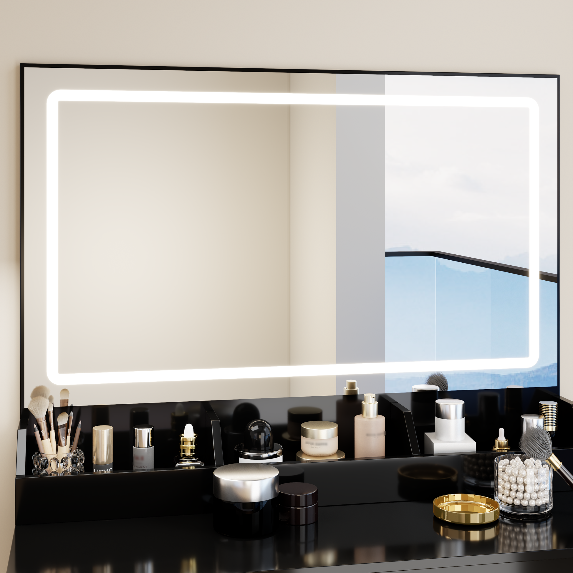 31" x 20" Extra Large LED Mirror Makeup Vanity Table + Soft Cushion Stool Suit, Touch Switch, 3 colors, Adjustable Brightness, Large Capacity Storage, Compact Dressing Table Suitable For Small Space image 11