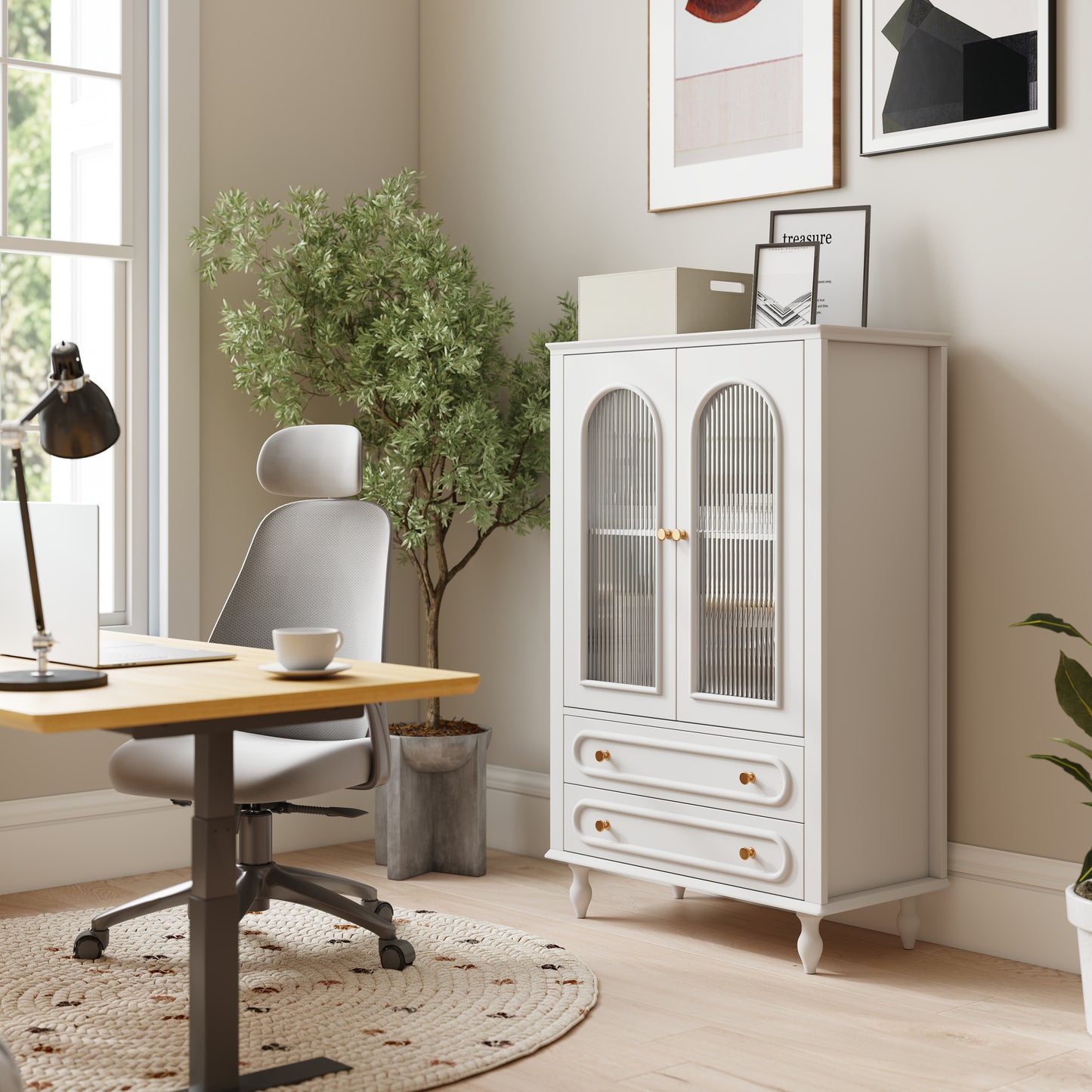 46.5'' Glass Display Cabinet with Ribbed Glass Doors,Wooden Curio Cabinet with 2 Drawers & Adjustable Shelf, Freestanding Buffet Cabinet Unit for Living Room Dining Room, White image 4