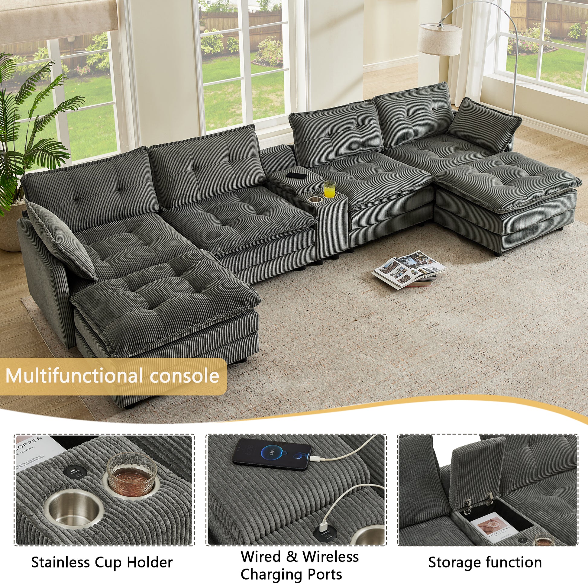 154" Sectional Cloud Sofa Couch with Ottomans, Modular U Shaped Couches for Living Room, Comfy Corduroy Oversized Sectional Modern 6 Seat Deep Seat Sofa Set with Central Console USB Port, Grey image 4