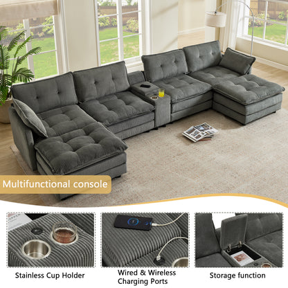154" Sectional Cloud Sofa Couch with Ottomans, Modular U Shaped Couches for Living Room, Comfy Corduroy Oversized Sectional Modern 6 Seat Deep Seat Sofa Set with Central Console USB Port, Grey image 4