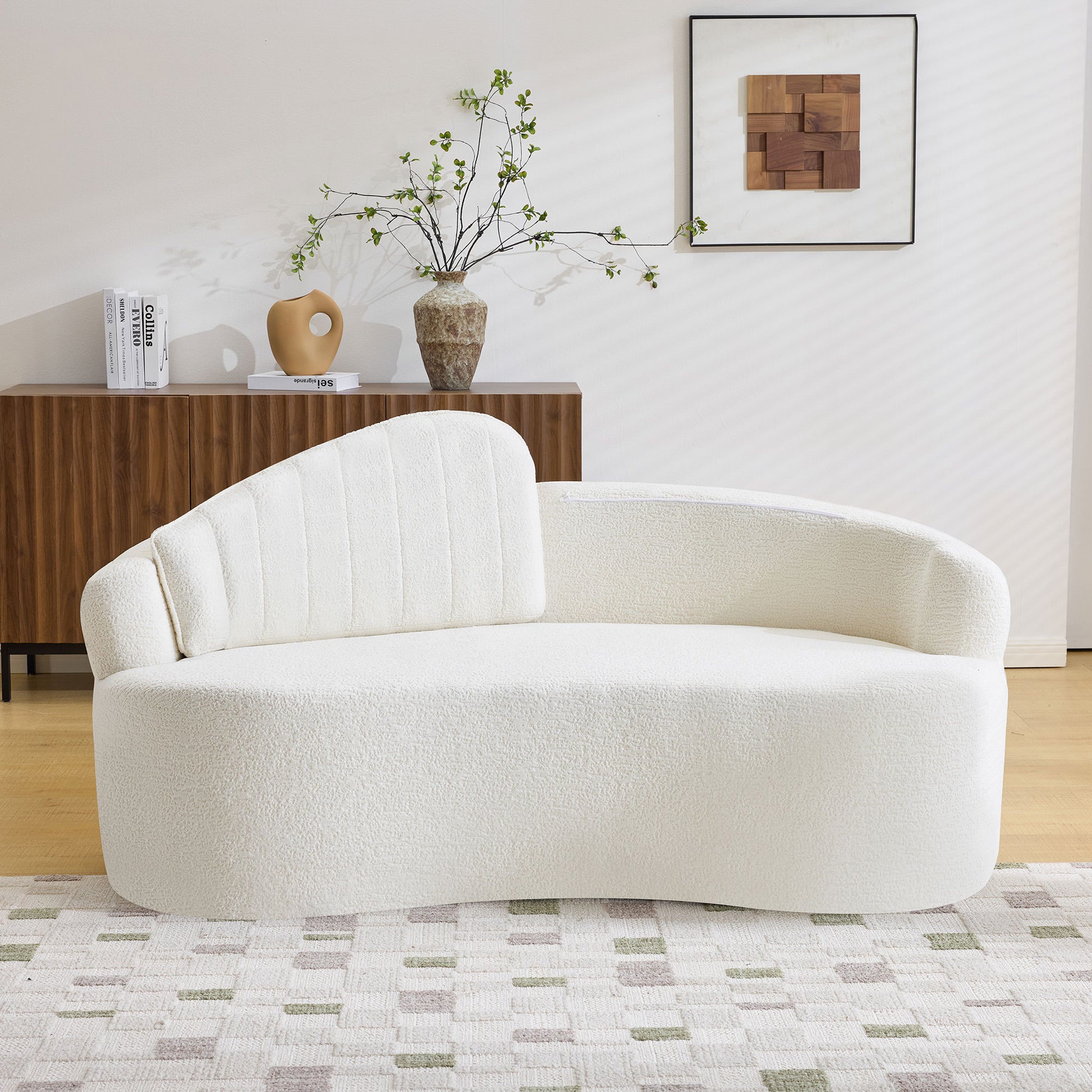 Curved two-seater fully compressed sofa, long-term sitting without collapse, removable backrest, white chenille fabric, simple, retro style, suitable for small spaces and apartments image 4