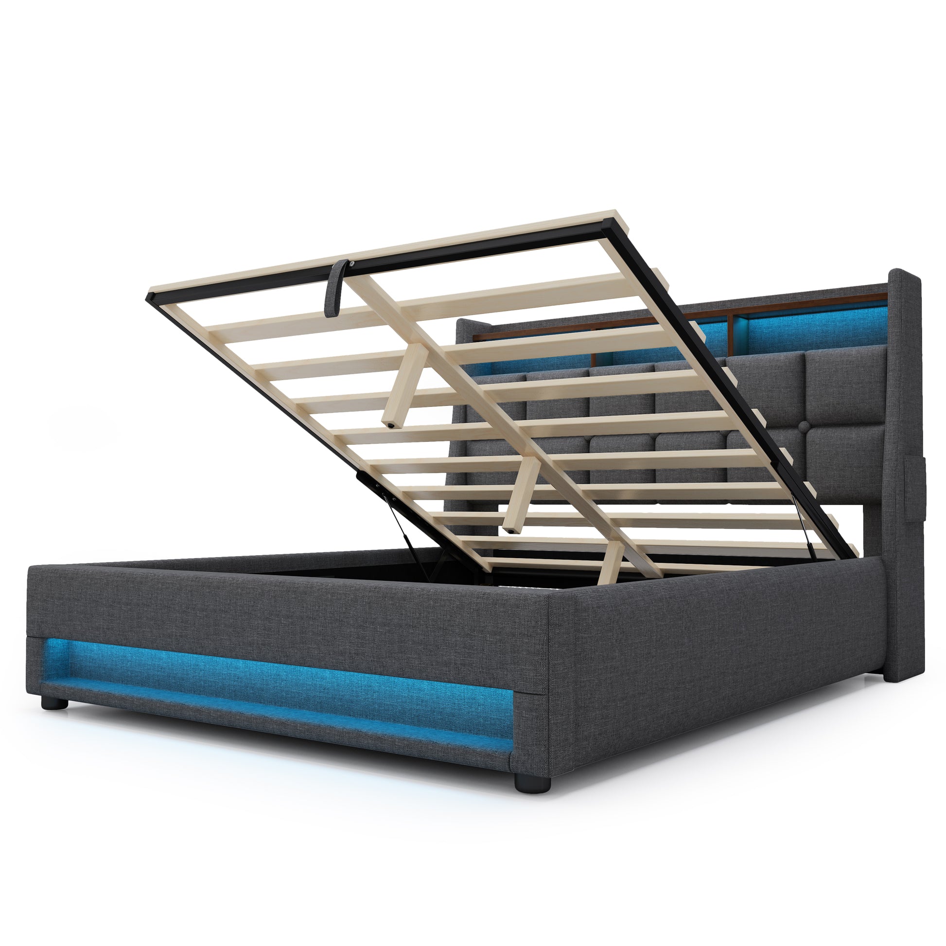 (=AA20690910G) Queen size Upholstered Platform bed with a Hydraulic Storage System, LED and Charging Station, No Box Spring Needed, Easy Assembly, Noise-Free, Grey (without mattress) image 7