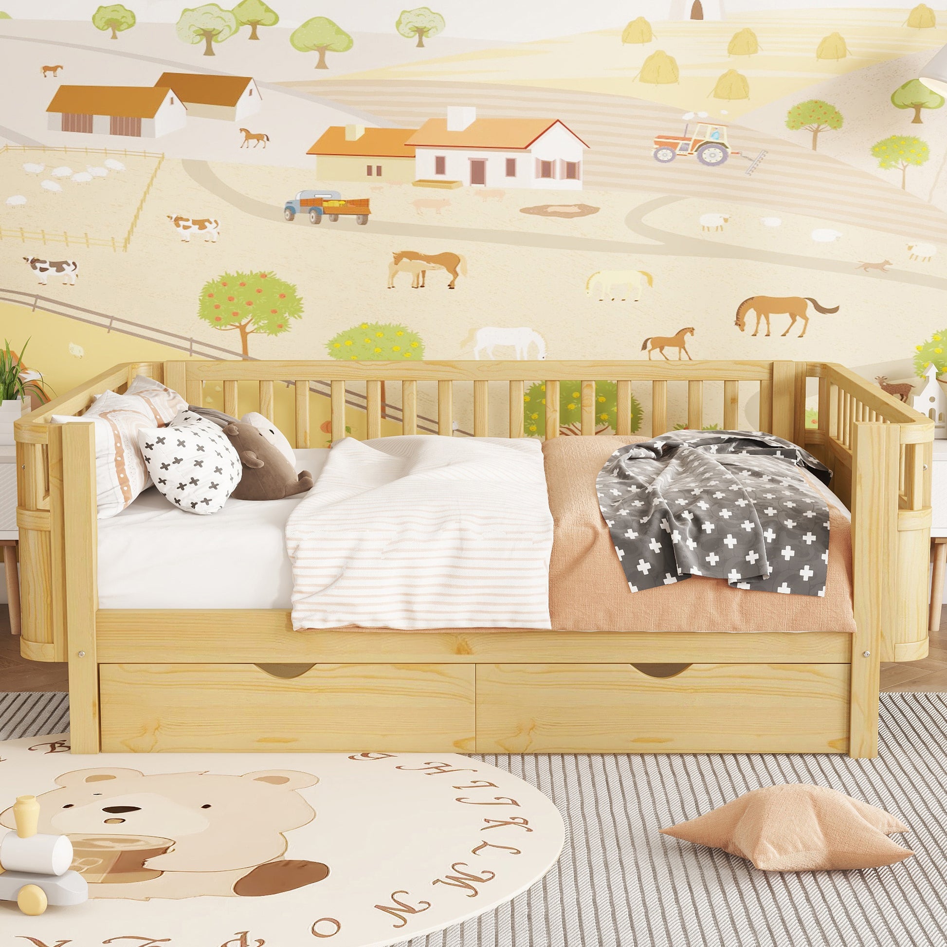 Full Size Wood Platform Bed for Kids, Wood Low Profile Full Bed with Rails for Girls and Boys, Natural (Patented Design),Old SKU W2593P409119 Expect Arrival Date 2026/7/10 image 3