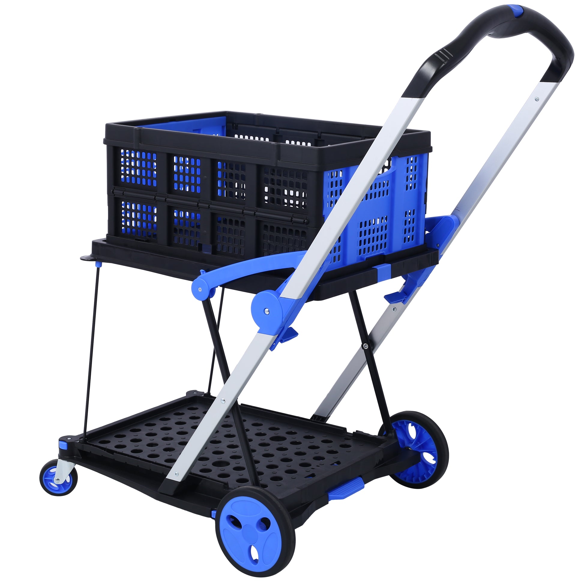 Collapsible Utility Cart Multi Use Functional Collapsible Shopping Carts 2-Tier Collapsible Shopping Cart with Baskets Carrito para Supermercado con Ruedas blue image 2