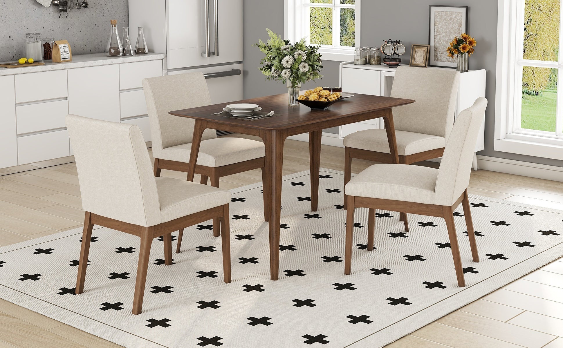5-Piece Dining Table Set with One Solid Wood Frame Table and 4 Upholstered Chairs for Dining Room, Walnut+Light beige (same sku: N759S924557K / N759S004001K) image 8