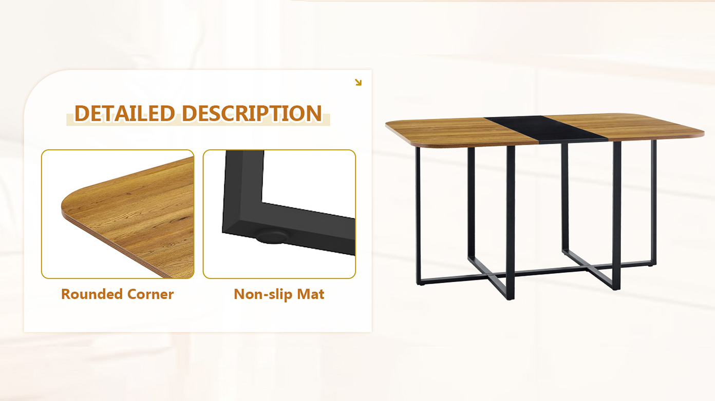 7-Piece Rectangular Dining Table Set, Fixed Two-Tone Wood Grain & Black Triamine Tabletop with 6 Black PU Leather Chairs, Modern Kitchen Table Set for 6 People, Ideal for Small Spaces, Apartment image 9
