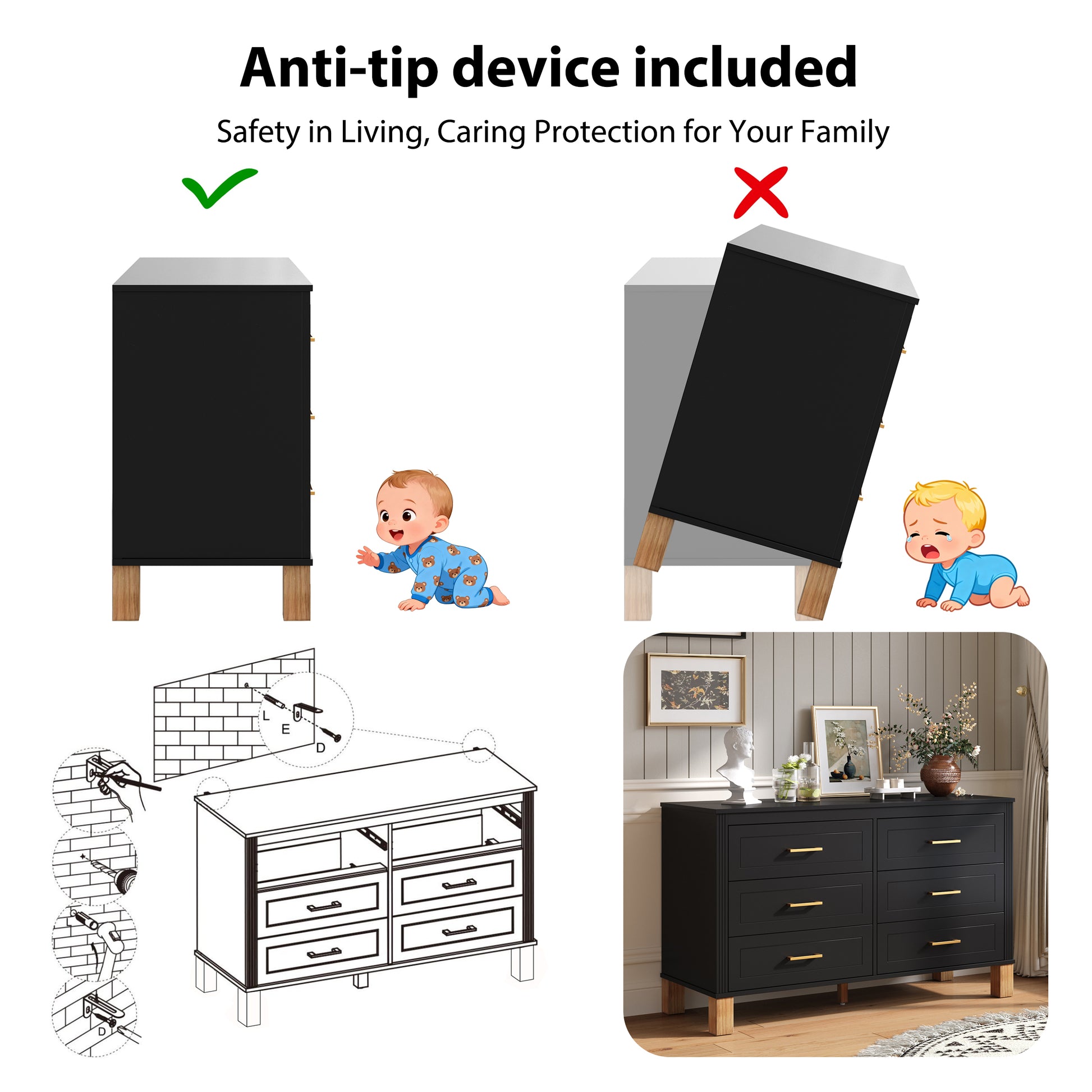 6-Drawer Double Dresser, Modern Storage Cabinet with Metal Handles & Solid Wood Legs, Dresser Drawer Organizer for Kids Bedroom, Heavy-Duty Wooden Dresser with Pre-Installed,Black image 4