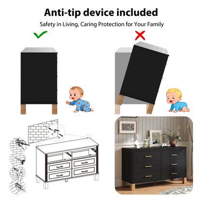 6-Drawer Double Dresser, Modern Storage Cabinet with Metal Handles & Solid Wood Legs, Dresser Drawer Organizer for Kids Bedroom, Heavy-Duty Wooden Dresser with Pre-Installed,Black image 4