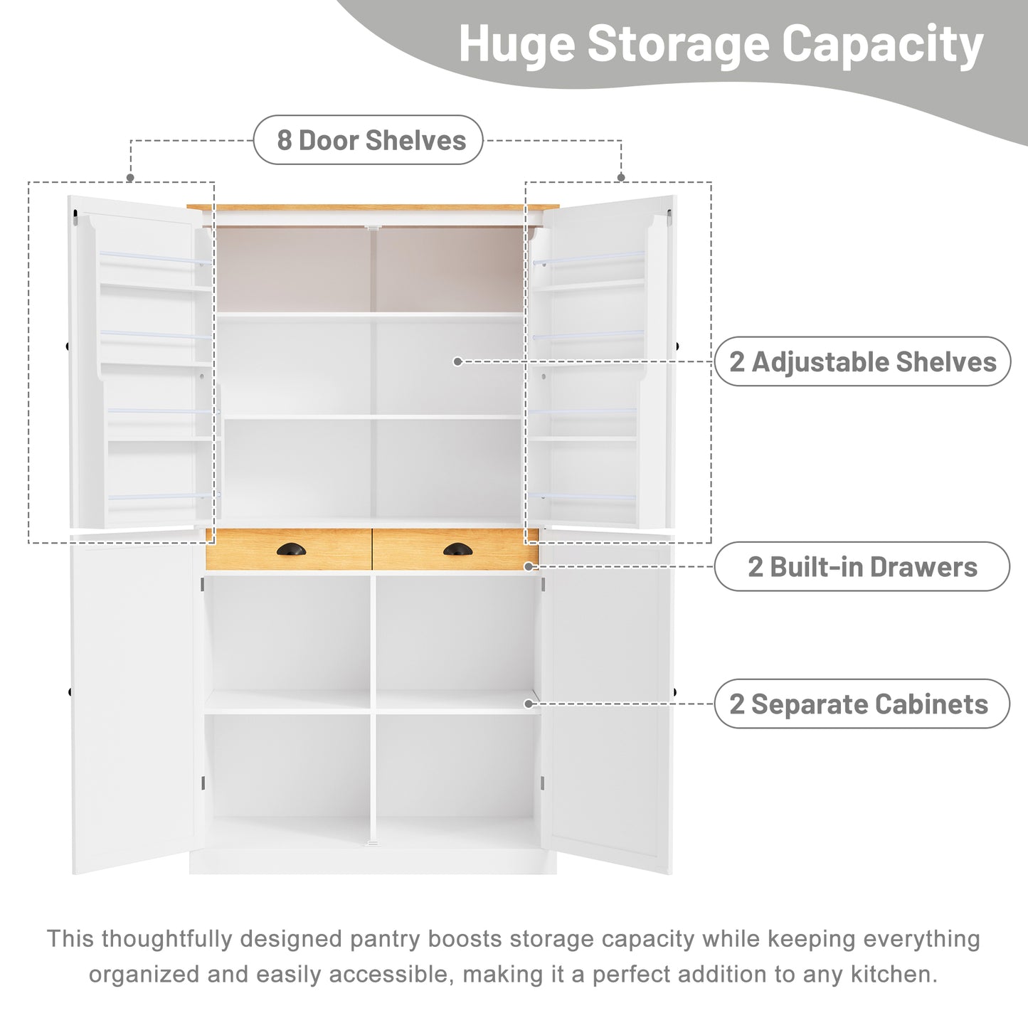 [Assembly Video Provided]TOPMAX 40.2x20x71.3inch High Freestanding Kitchen Pantry Large Cupboard Storage Cabinet with 2 Drawers, 2 Adjustable Shelves, 8 Door Shelves for Kitchen, Dining Room,White image 4