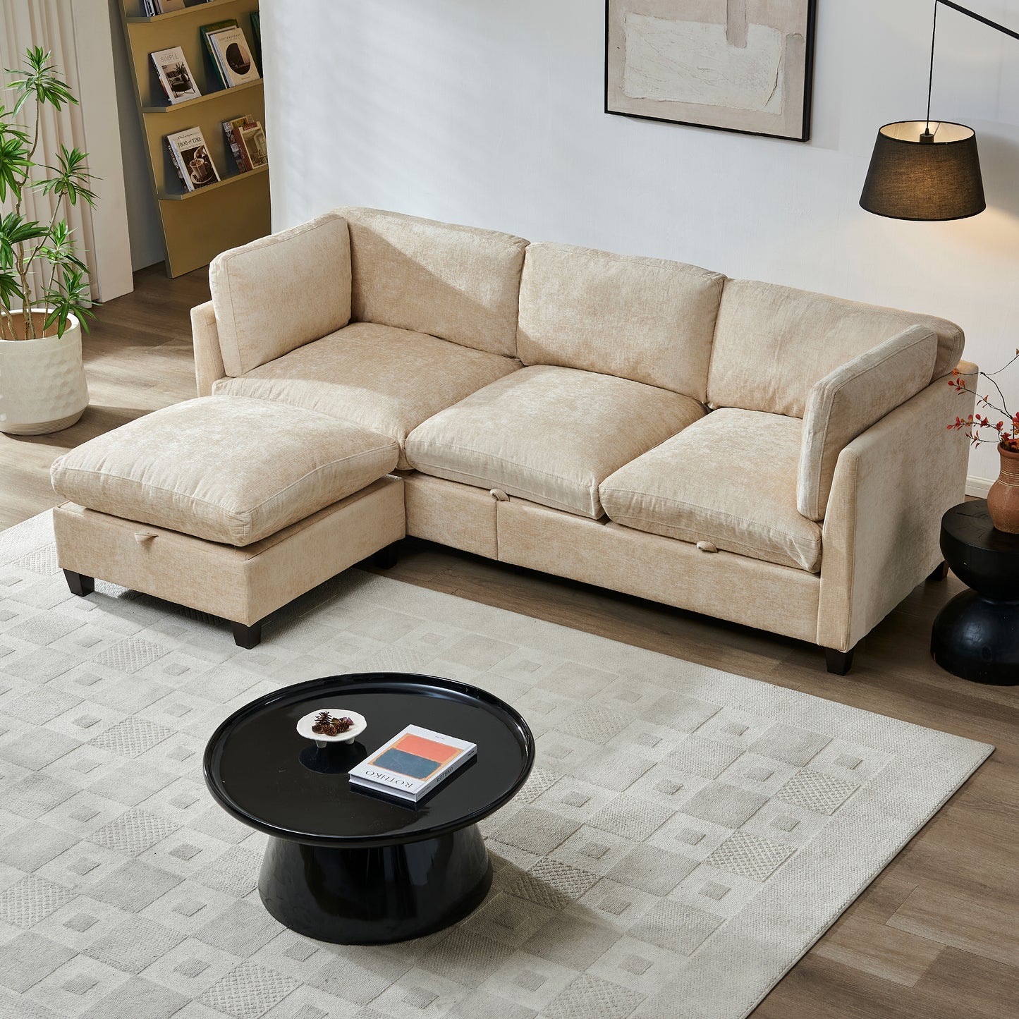 96.5" Sectional Couch for Living room, Upholstered Soft Chenille Fabric Sofa, 3-Seater with One Ottoman L Shape Sofa Light Coffee image 4