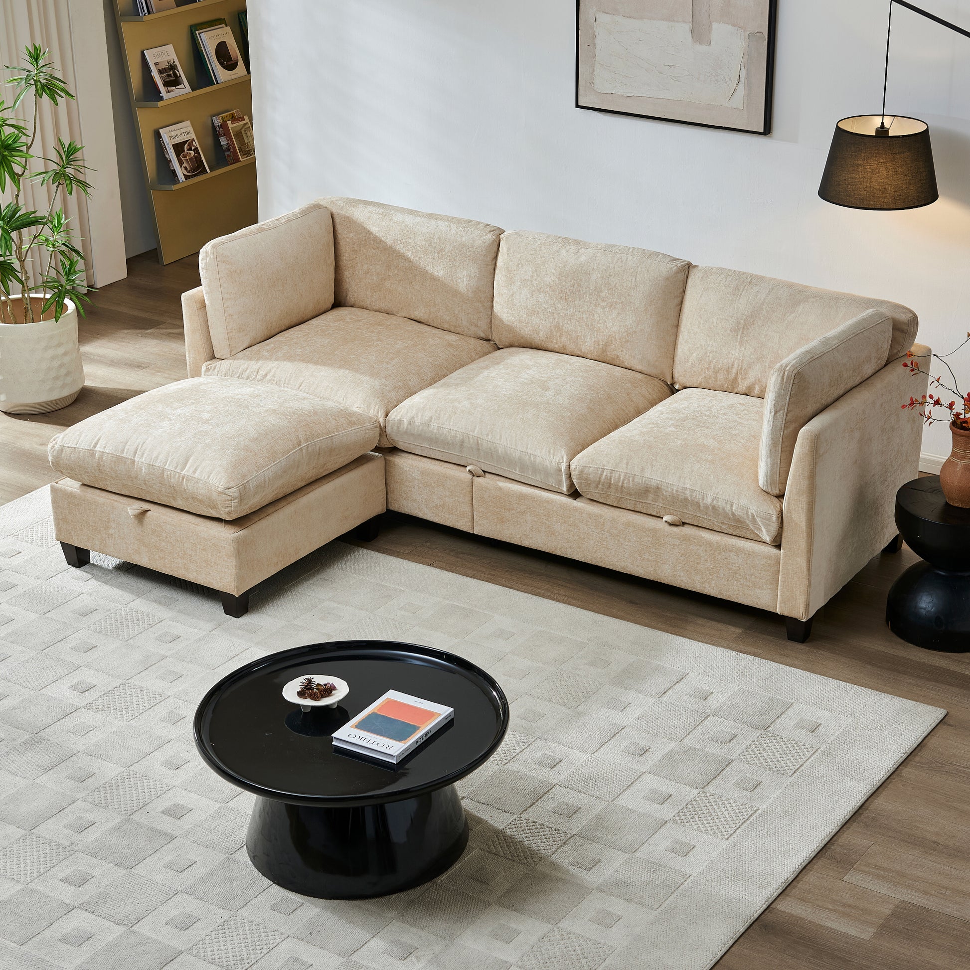 96.5" Sectional Couch for Living room, Upholstered Soft Chenille Fabric Sofa, 3-Seater with One Ottoman L Shape Sofa Light Coffee image 4