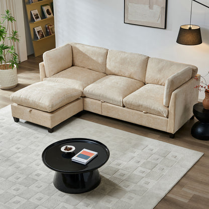 96.5" Sectional Couch for Living room, Upholstered Soft Chenille Fabric Sofa, 3-Seater with One Ottoman L Shape Sofa Light Coffee image 4