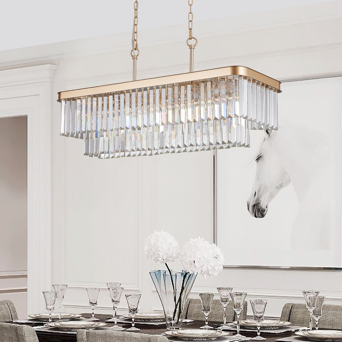 Chandeliers,Rectangular Crystal Chandelier Adjustable,E12 Modern Industrial Crystal Lights,Farmhouse Iron Ceiling Hanging Light for Kitchen Living Room Bedroom/Gold(Bulb Not Included) image 5