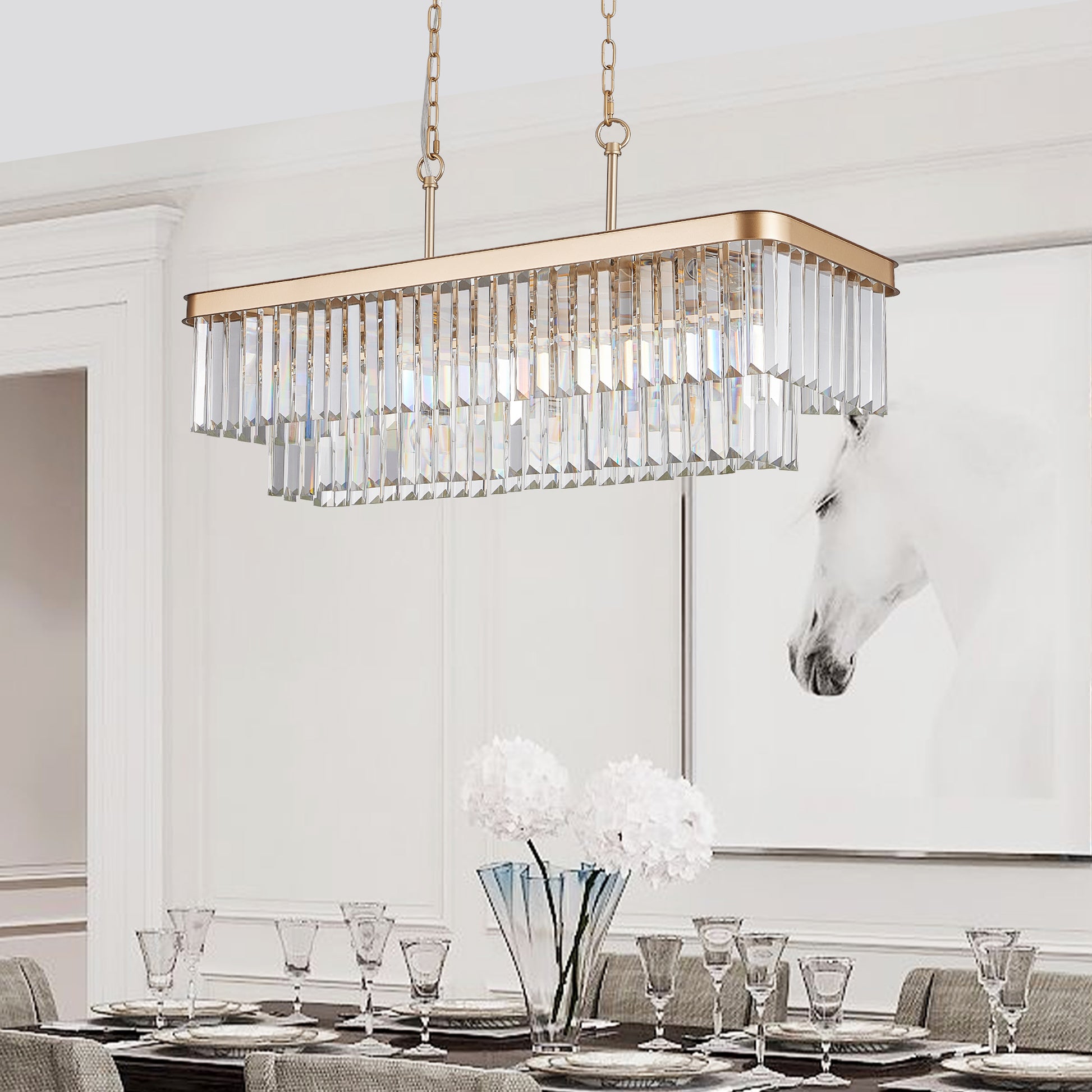Chandeliers,Rectangular Crystal Chandelier Adjustable,E12 Modern Industrial Crystal Lights,Farmhouse Iron Ceiling Hanging Light for Kitchen Living Room Bedroom/Gold(Bulb Not Included) image 5