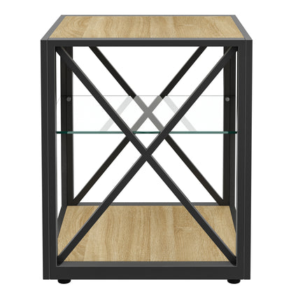 Set of 2 Modern End Table Nightstand for Bedroom & Living Room, Tempered Glass & Natural Wood MDF Top, Industrial Style Side Table image 5