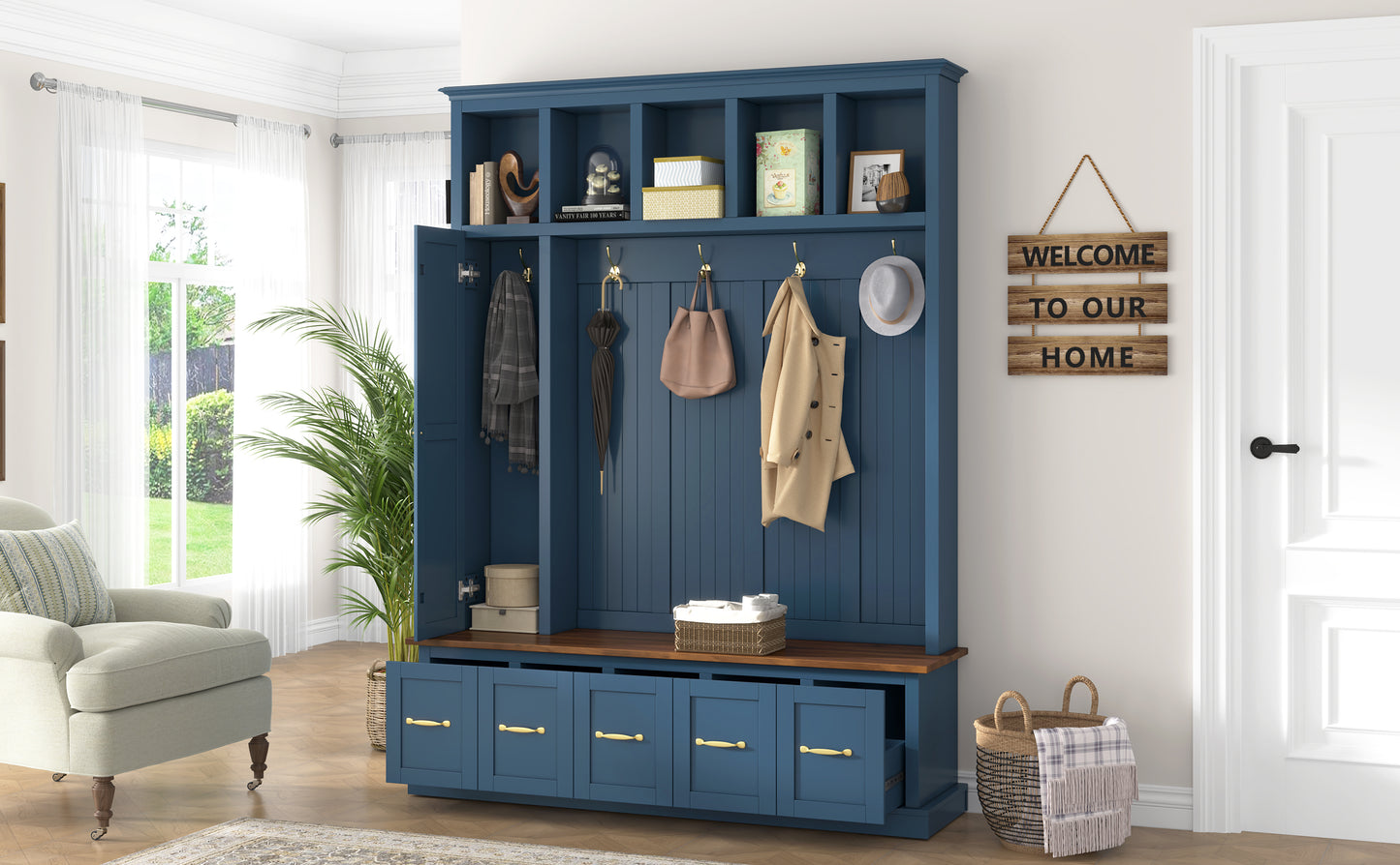 U-Can Entryway Hall Tree with Coat Hooks, Shoe Bench & Drawer Storage Cabinet image 3