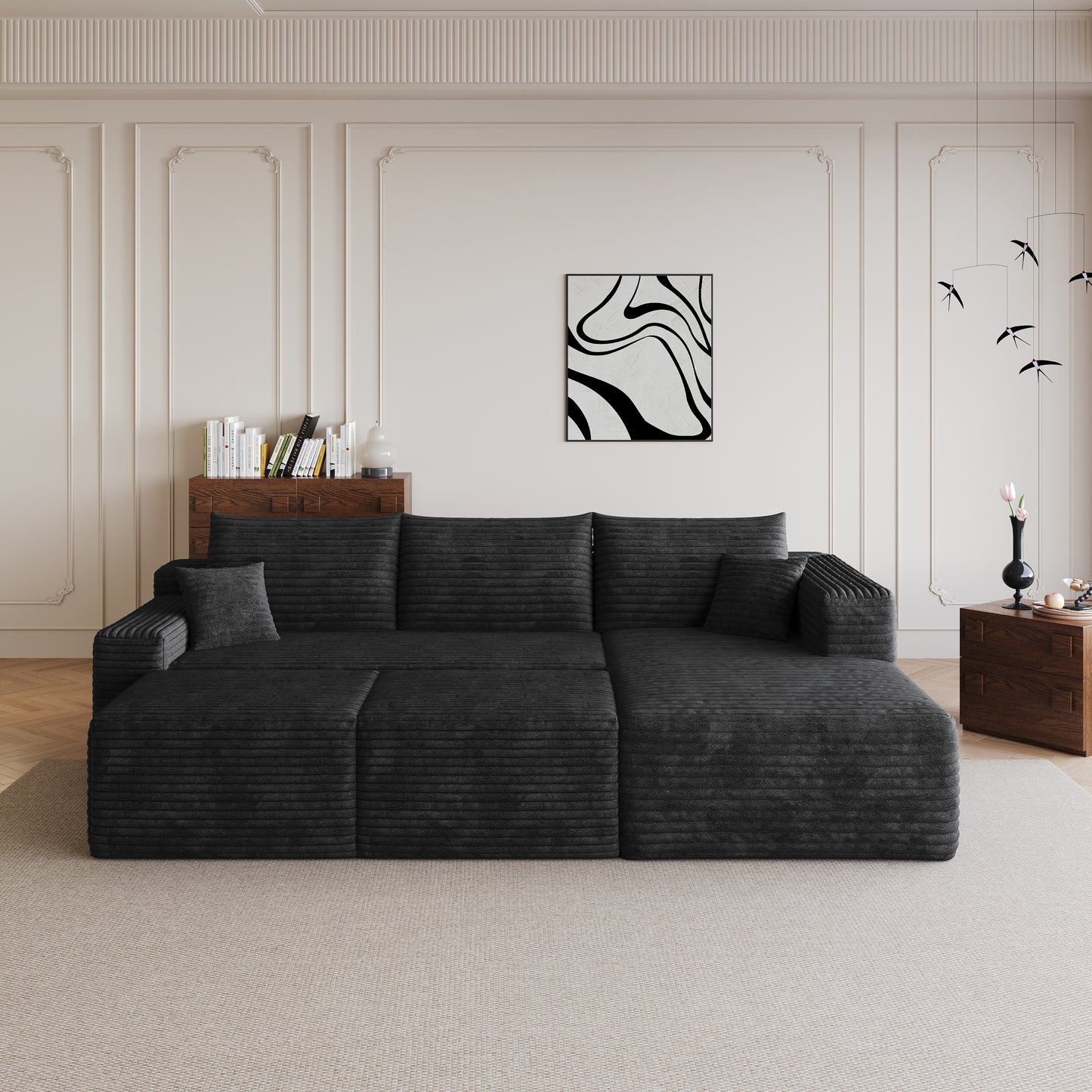 Sectional sofa with two ottomans arranged as chaise black corduroy