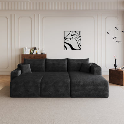 Sectional sofa with two ottomans arranged as chaise black corduroy