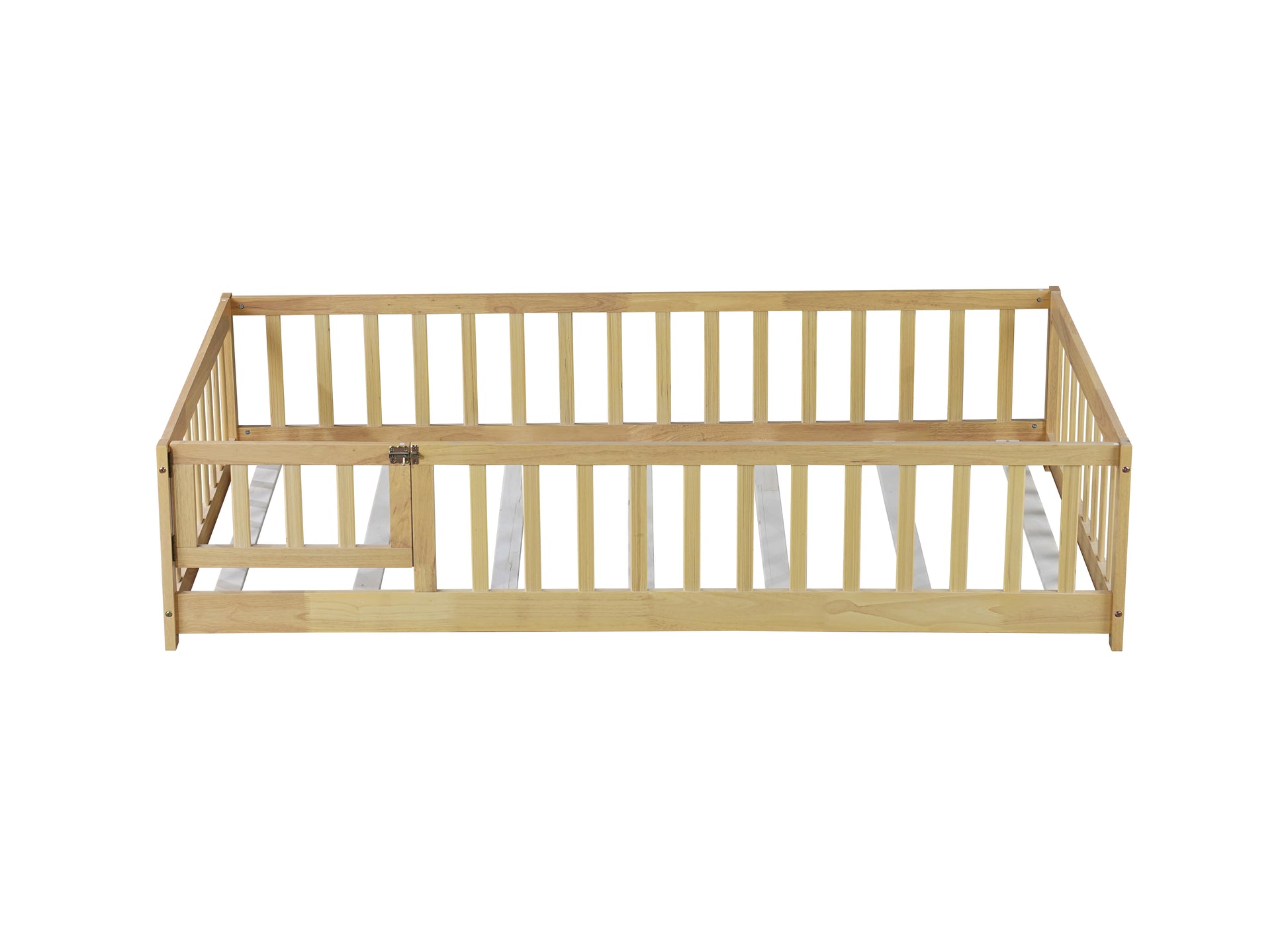 Twin Size Floor Bed with Fence and Door,Rubber Wood Floor Bed with Safety Guardrails,Natural (Old Sku W504P296778) image 9
