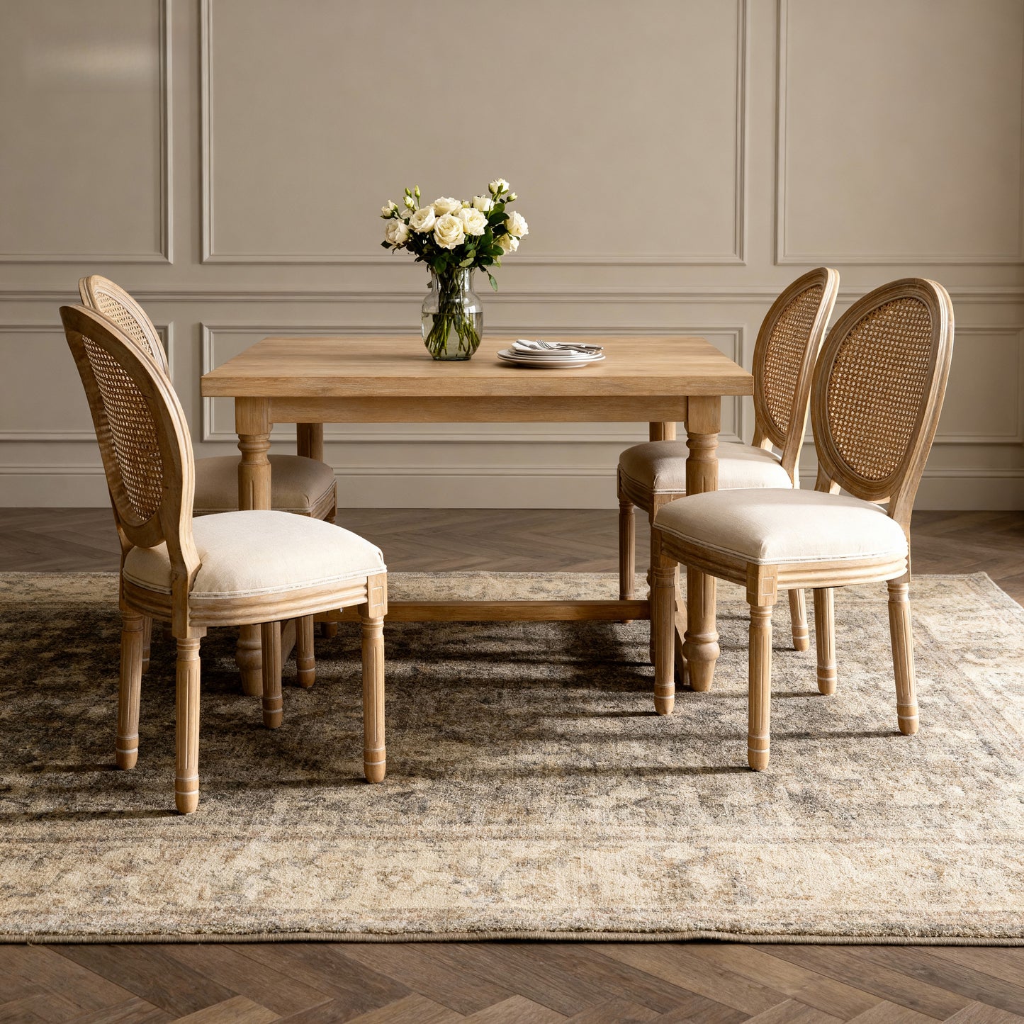 French Style Solid Wood Frame Linen Fabric Rattan Back Dining Chair,Set of 2, Beige image 5