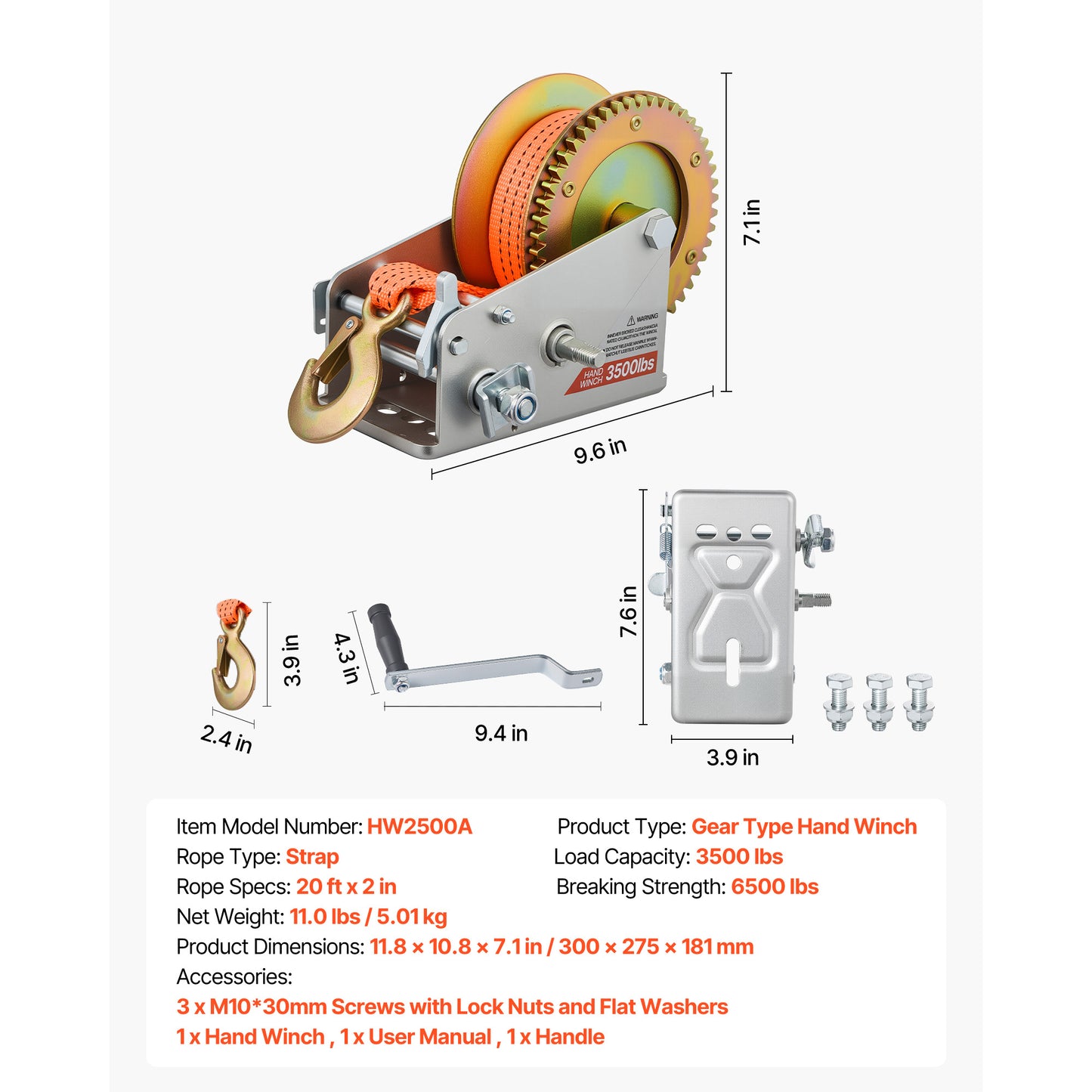 Boat Winch, 3500 lbs Hand Winch, Heavy Duty Manual Rope Crank with 20ft Orange Polyester Strap, Portable Two-Way Ratchet, 2 Speed Switchable, Anti-Slip Handle Gear for Boat Trailer ATV Towing image 7