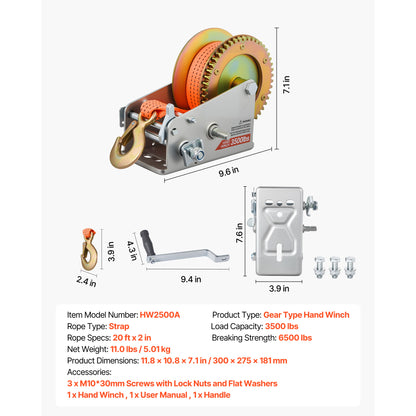 Boat Winch, 3500 lbs Hand Winch, Heavy Duty Manual Rope Crank with 20ft Orange Polyester Strap, Portable Two-Way Ratchet, 2 Speed Switchable, Anti-Slip Handle Gear for Boat Trailer ATV Towing image 7