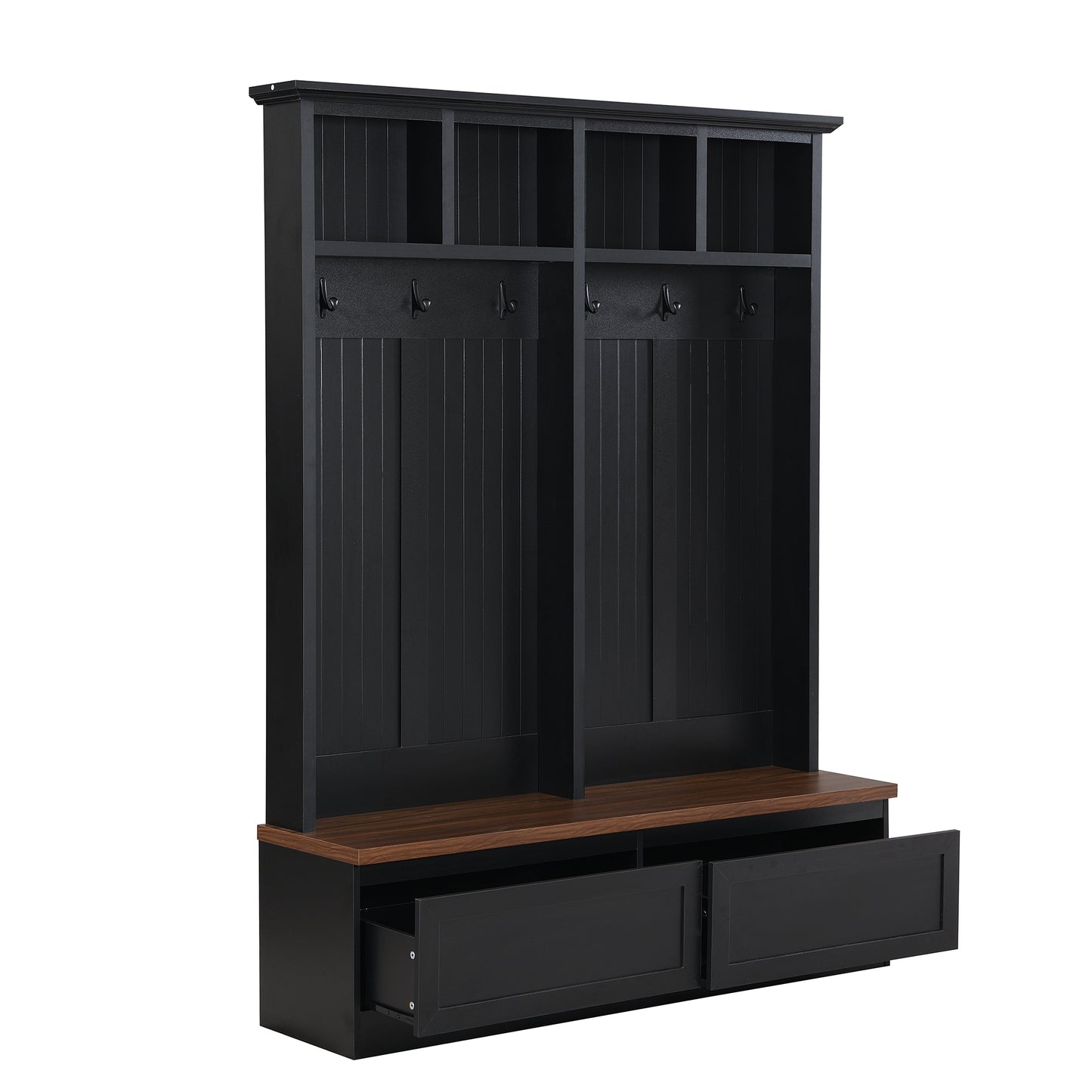 Farmhouse 4-in-1 Hall Tree with Wood Grain Bench, Mudroom Versatile Coat Rack with 2 Large Drawer, Entrance Organizer for Hallway, Living Room, Black, 55.9"W (OLD SKU: N721P313099B) image 11