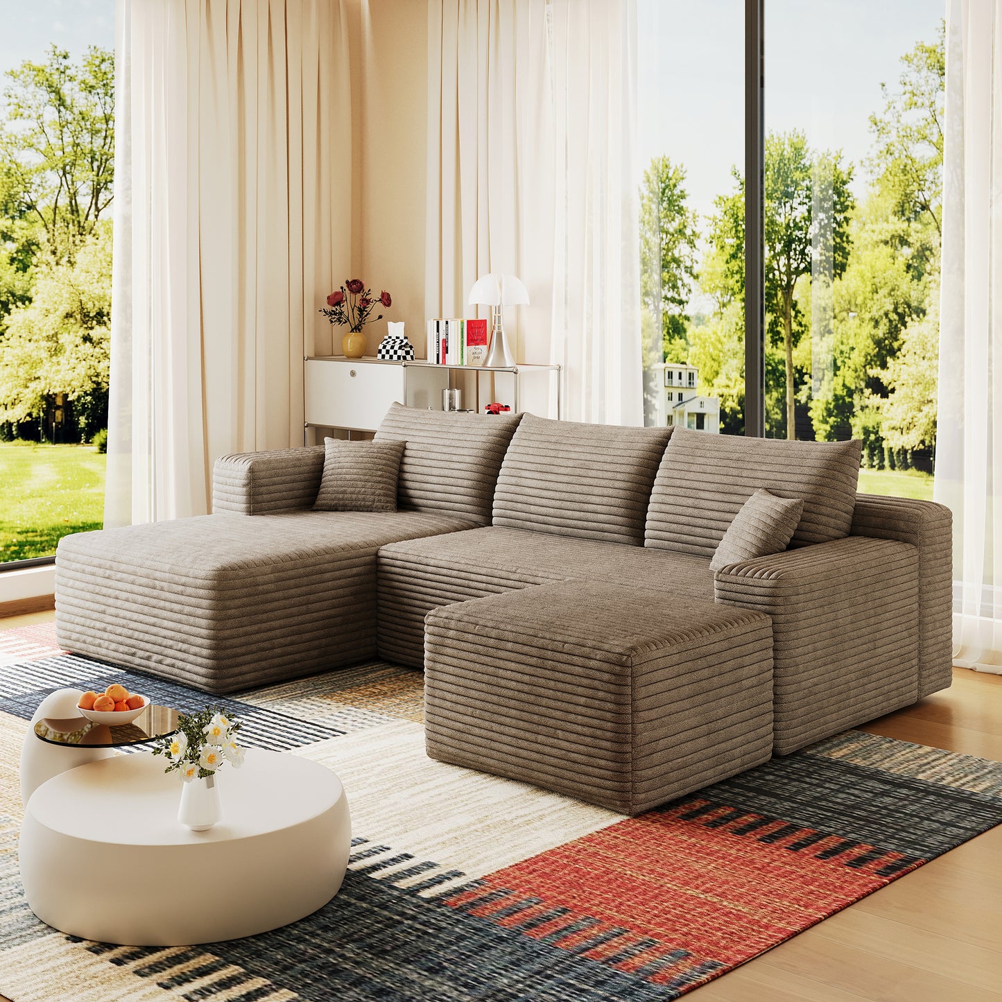 95" Cloud Sectional Sofa with 1 Ottoman,Modern Minimalist Upholstered Couches, Comfort U Shaped Sofa for Living Room,Deep Seat Corner Couch,No Assembly Required,Camel((Plush Corduroy Fabric) image 5