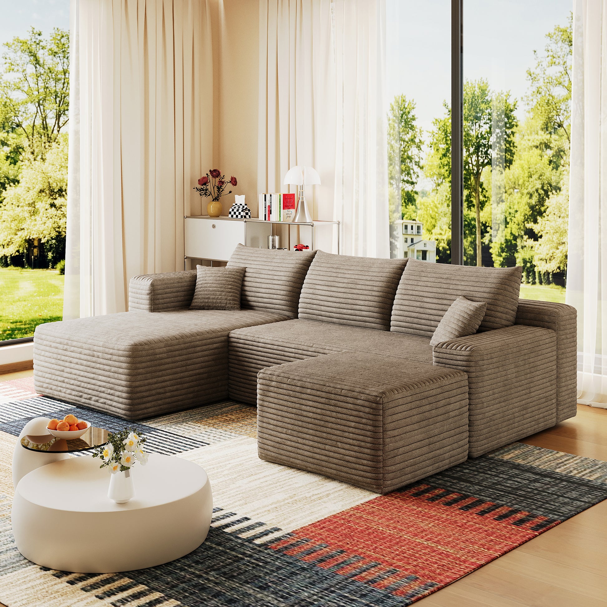 95" Cloud Sectional Sofa with 1 Ottoman,Modern Minimalist Upholstered Couches, Comfort U Shaped Sofa for Living Room,Deep Seat Corner Couch,No Assembly Required,Camel((Plush Corduroy Fabric) image 5