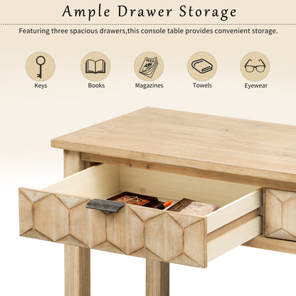 U_Style 58.3'' Fir Veneer Entryway Table with Honeycomb-patterned Fronts,Modern Stylish Console Table with 3 Drawers and Solid Fir legs,Suitable for Living Room,Entryway, Hallway, Study, Foyer image 6