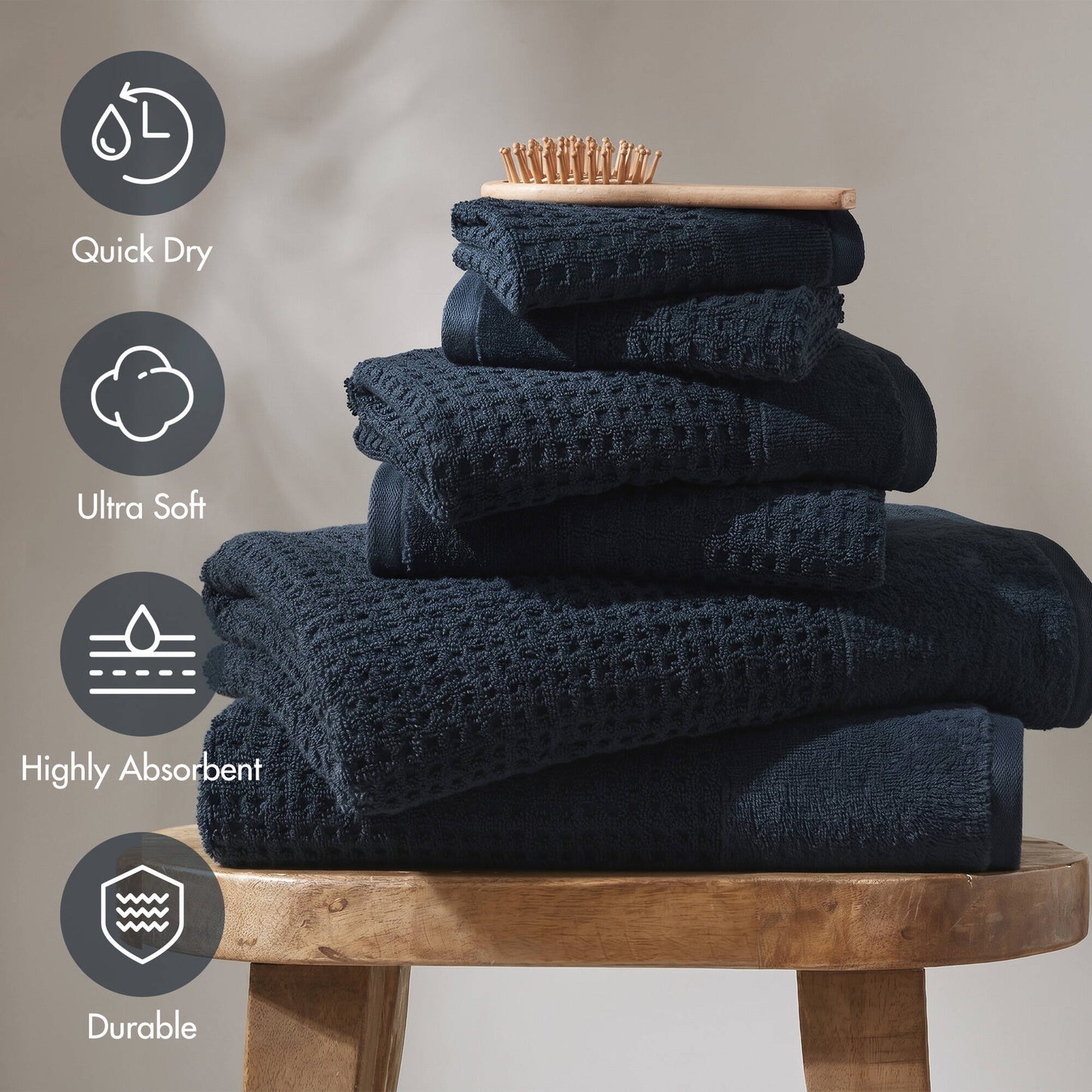 6 Pieces Combed Cotton Waffle Jacquard Bath Towel Set,Navy image 2