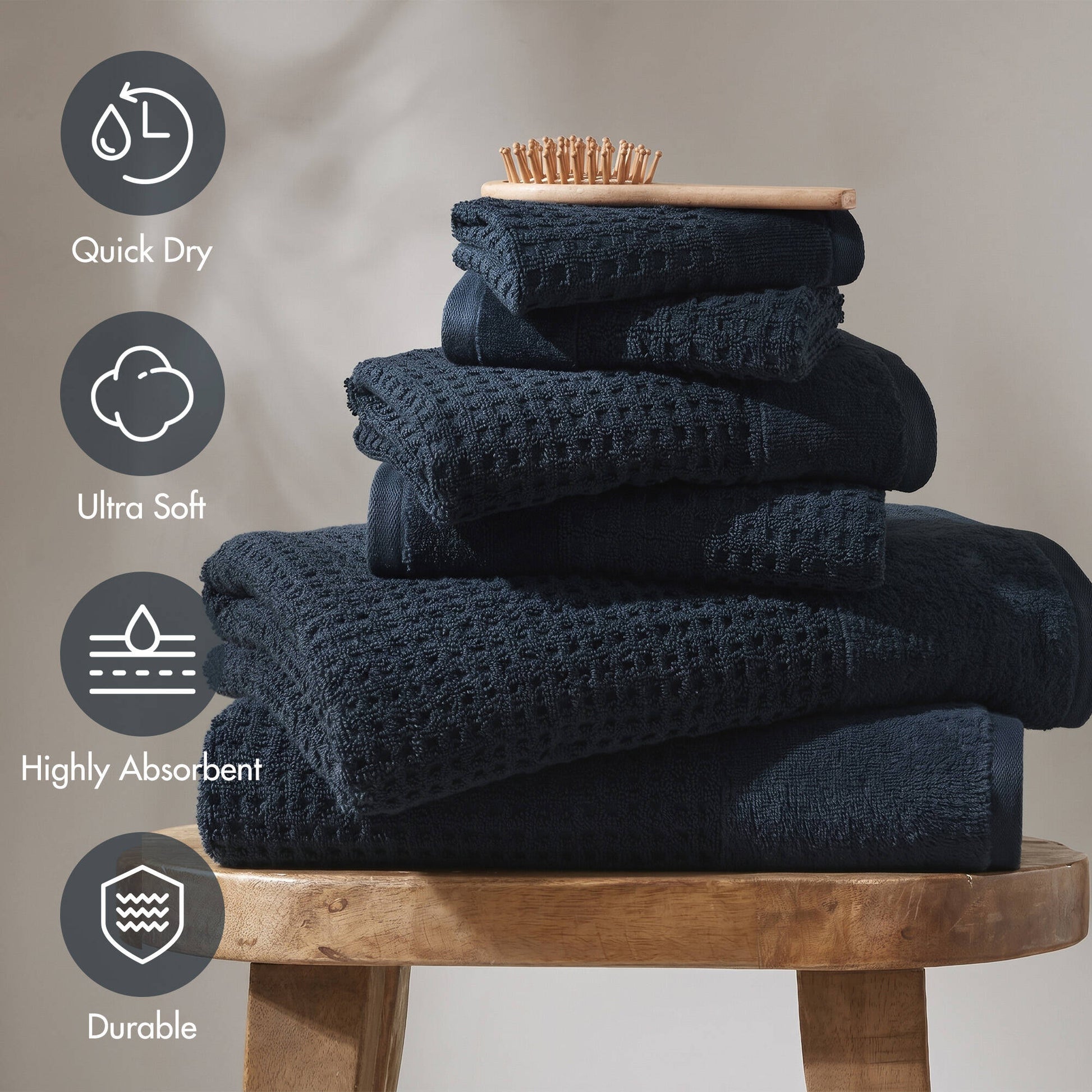 6 Pieces Combed Cotton Waffle Jacquard Bath Towel Set,Navy image 2