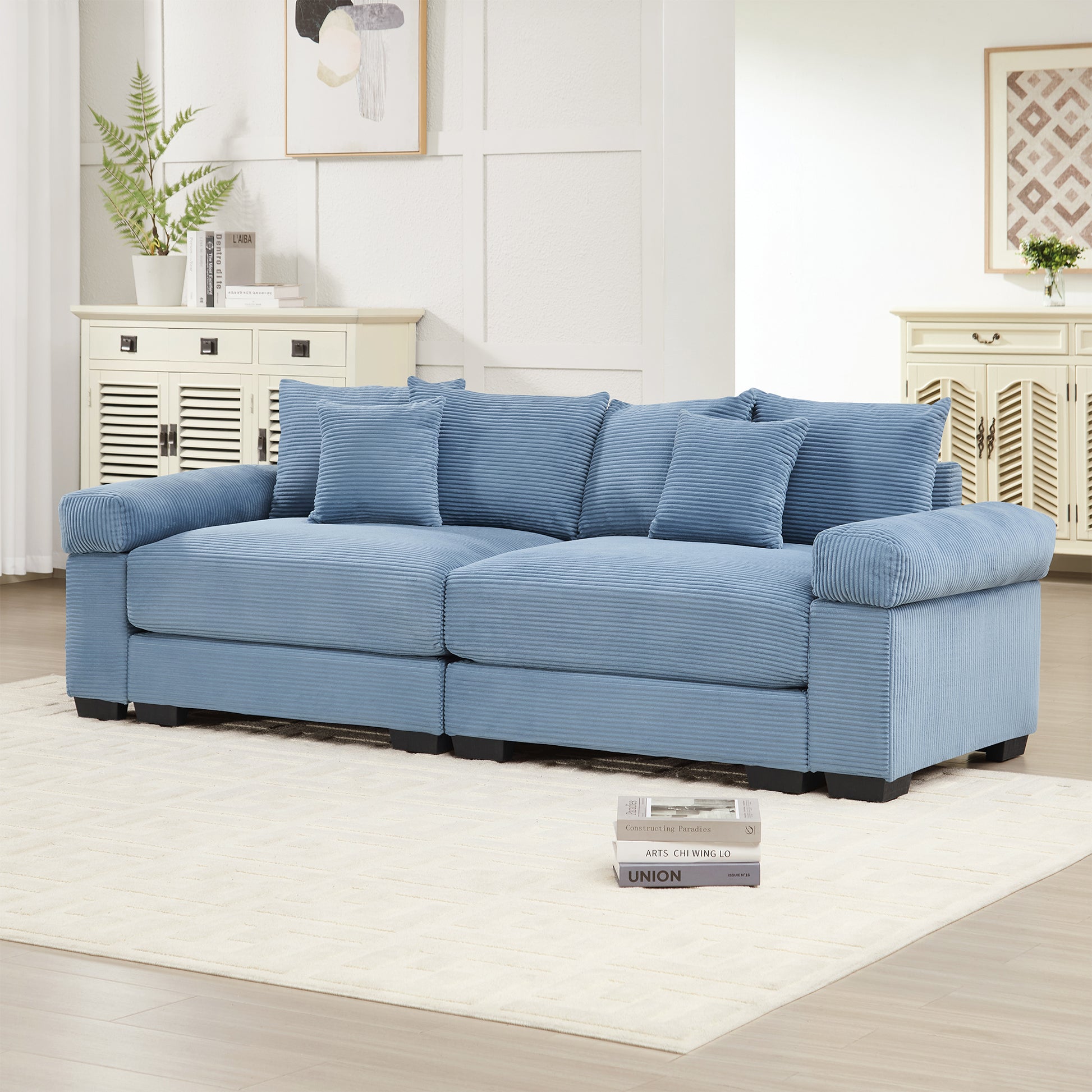 92" Oversized Cloud Modular Sectional Couch,Corduroy Fabric Extra-Wide Armrests Throw Pillows Ergonomic Design High Resilience Cushion Easy Assembly,For Living Rooms Bedrooms, Blue image 2