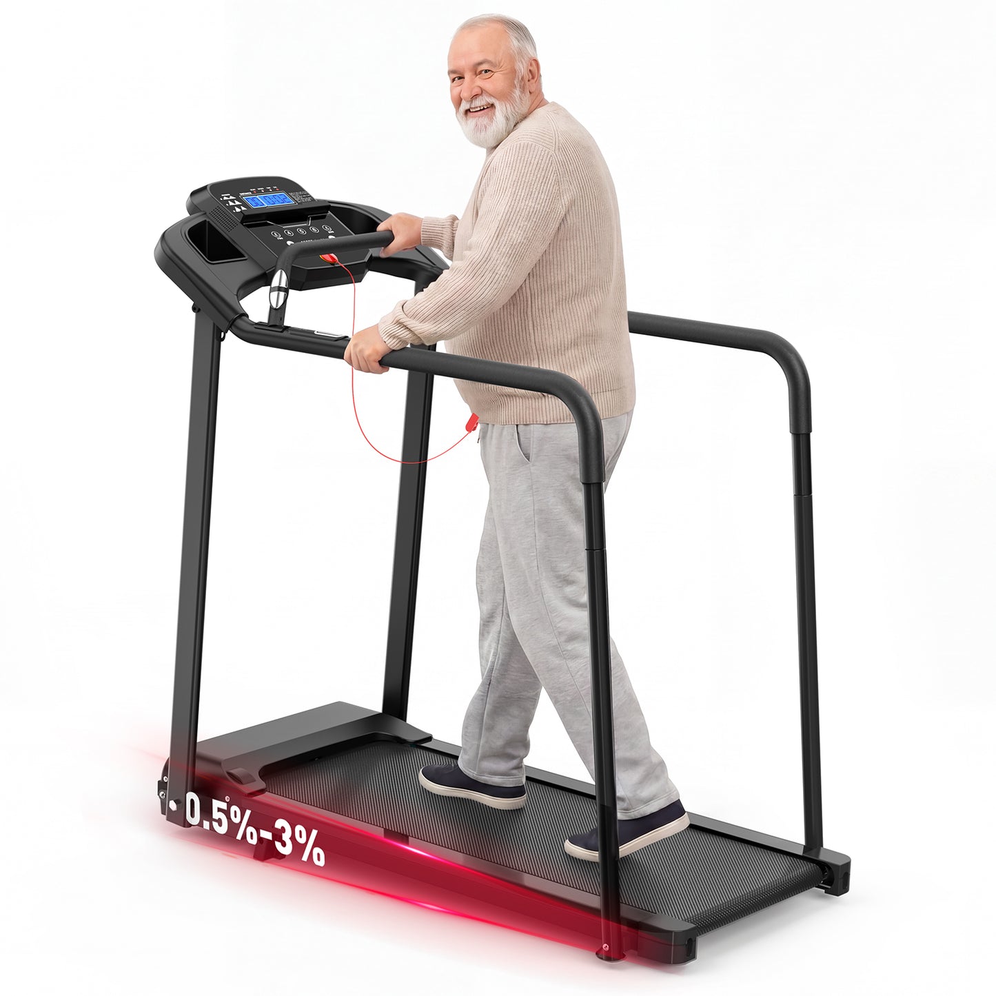 Walking Pad Treadmill for Senior, Foldable Exercise Treadmill with Stable and Safe Structural Design, Large LED Display for Elderly, Long Handrail for Balance, 300 Lbs Capacity image 2