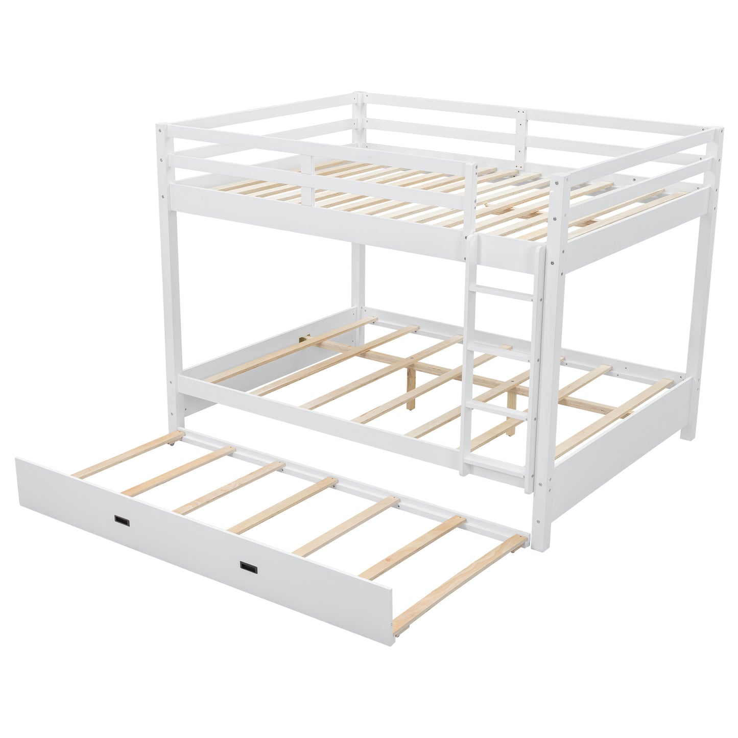 Wood Queen Size Bunk Bed with Ladder and Trundle, White image 12