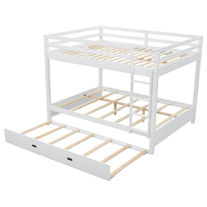 Wood Queen Size Bunk Bed with Ladder and Trundle, White image 12