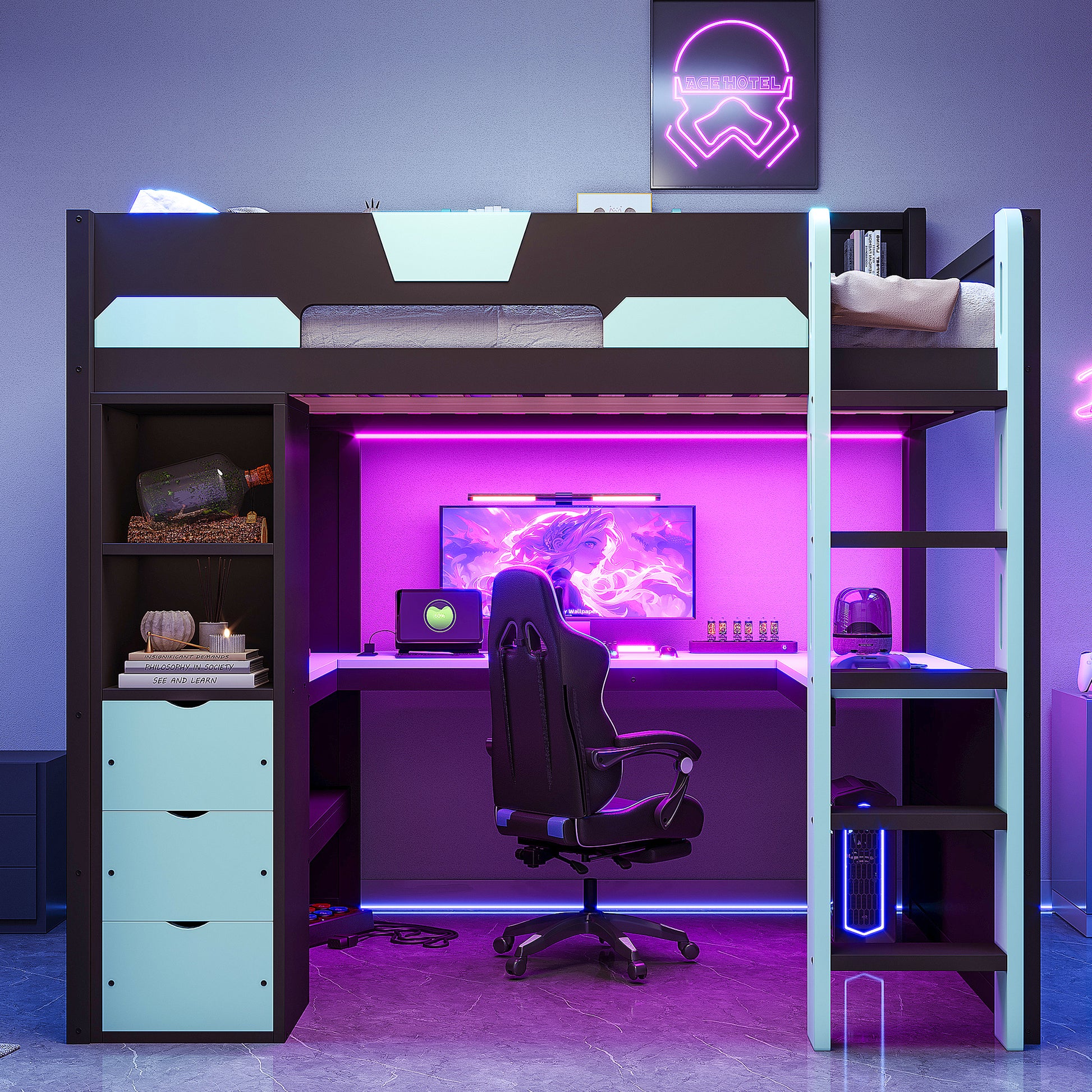 Full Size Wooden Gaming Loft Bed with U-Shaped Desk, Smart RGB LED Lights and USB Ports, Multi-Functional High Sleeper with 3 Drawers and Storage Shelves for Teens Adults, Black+Blue image 2