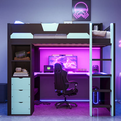 Full Size Wooden Gaming Loft Bed with U-Shaped Desk, Smart RGB LED Lights and USB Ports, Multi-Functional High Sleeper with 3 Drawers and Storage Shelves for Teens Adults, Black+Blue image 2